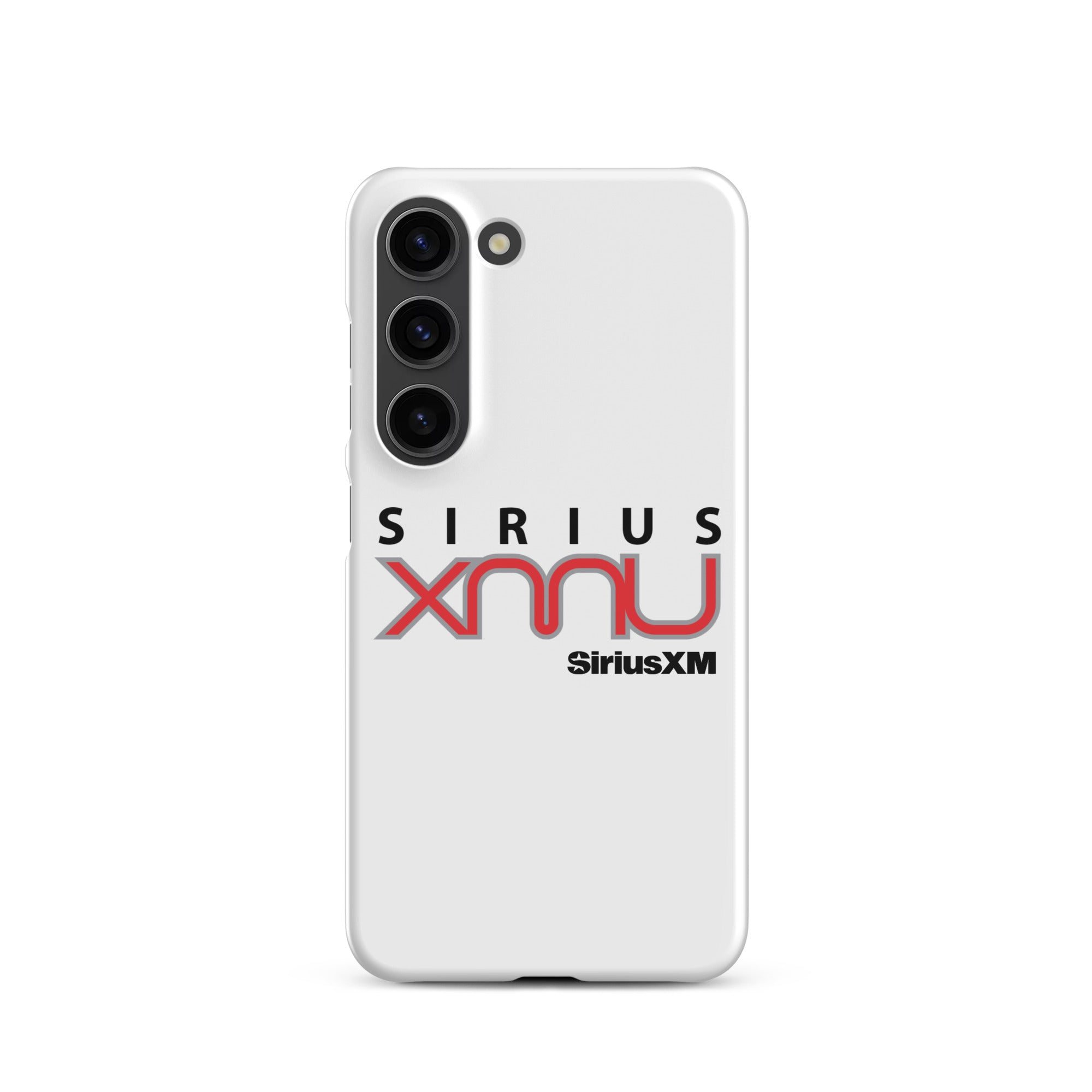 White phone case featuring the 'SiriusXMU' logo in bold black and red text and 'SiriusXM' branding.