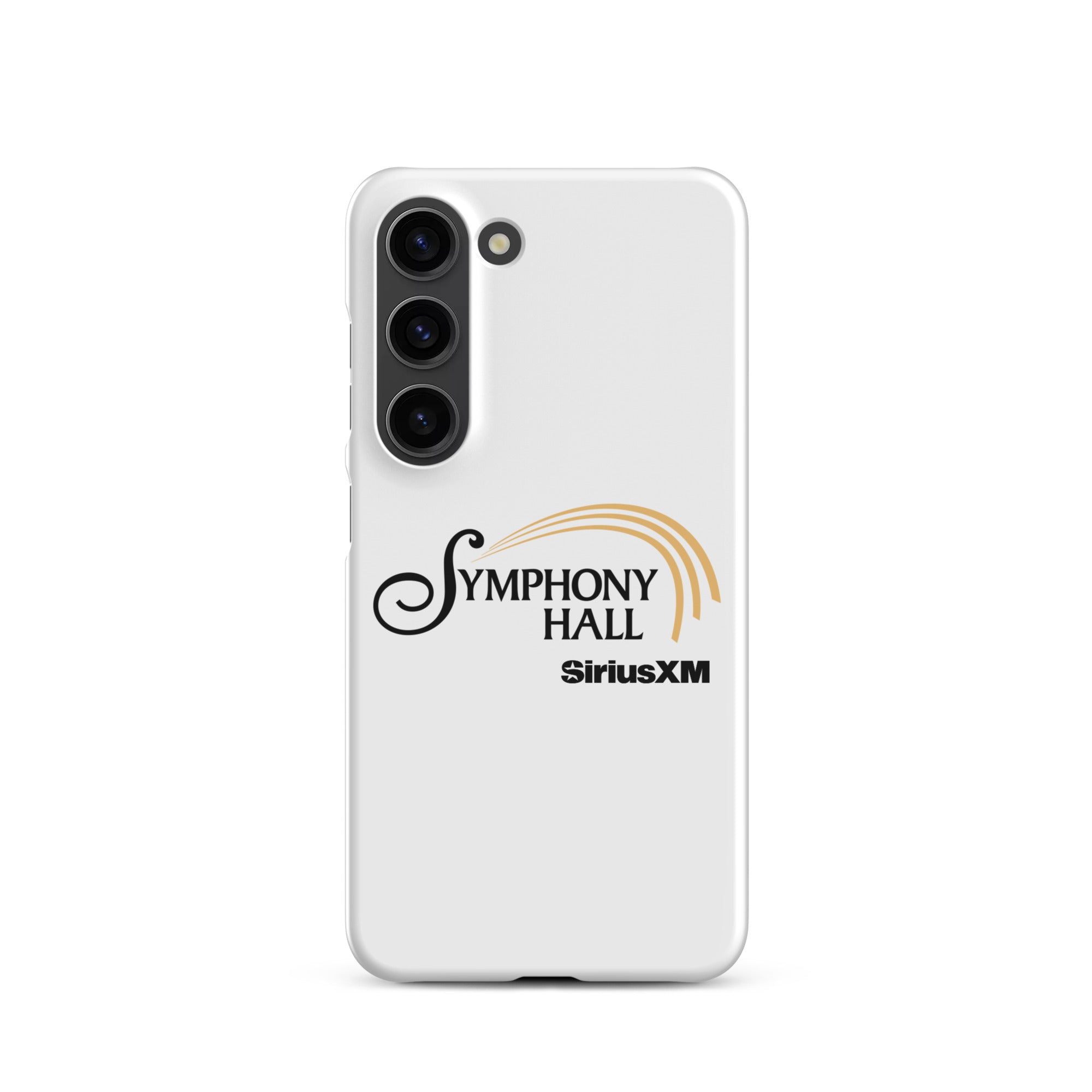 White phone case featuring the words 'Symphony Hall' and 'SiriusXM' in black and gold.