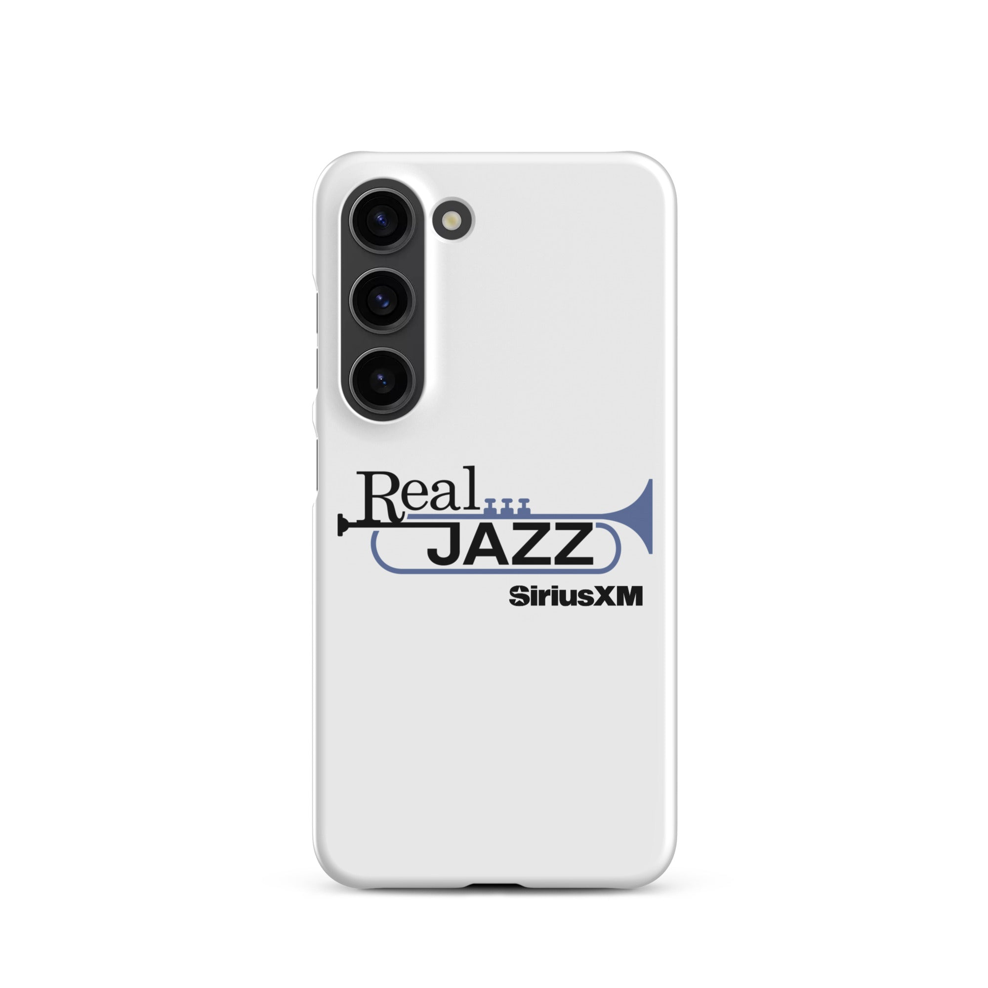 White phone case featuring 'Real Jazz' logo with trumpet and 'SiriusXM' text.