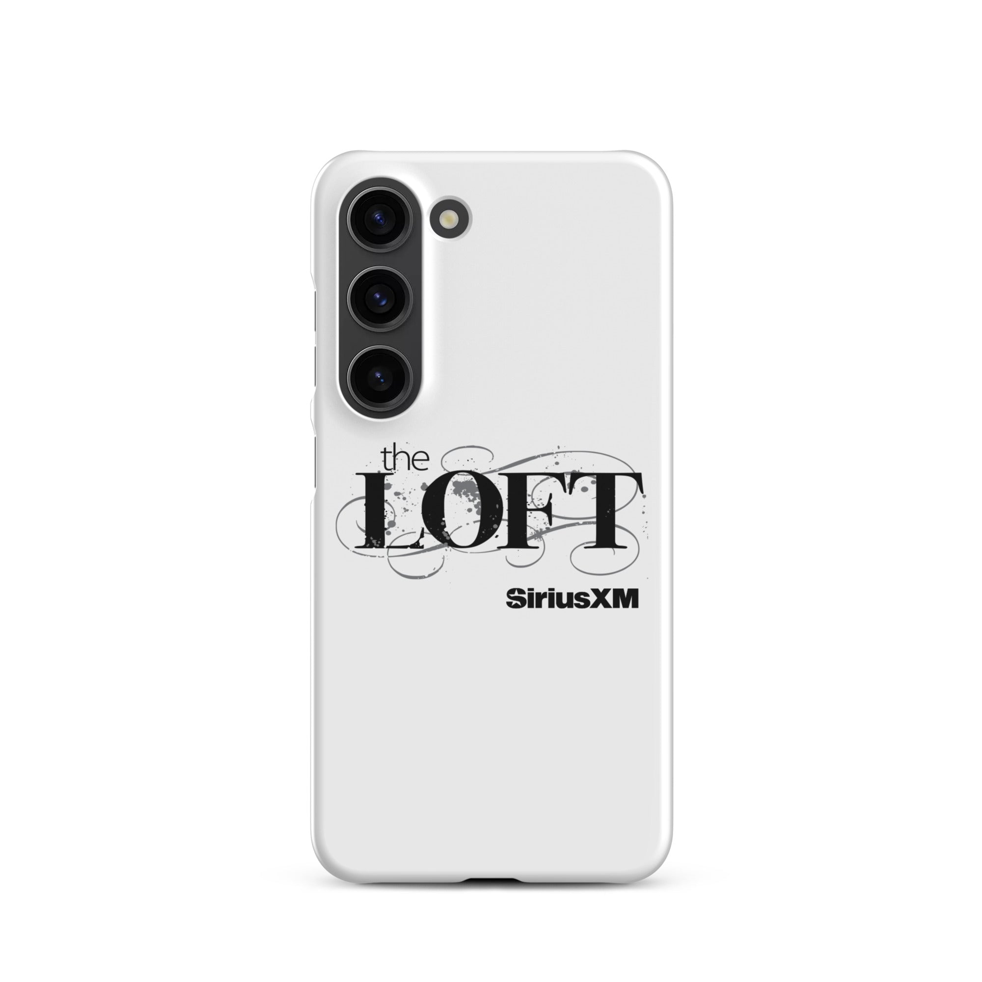 Phone case featuring 'the LOFT' and 'SiriusXM' logos on a white background.