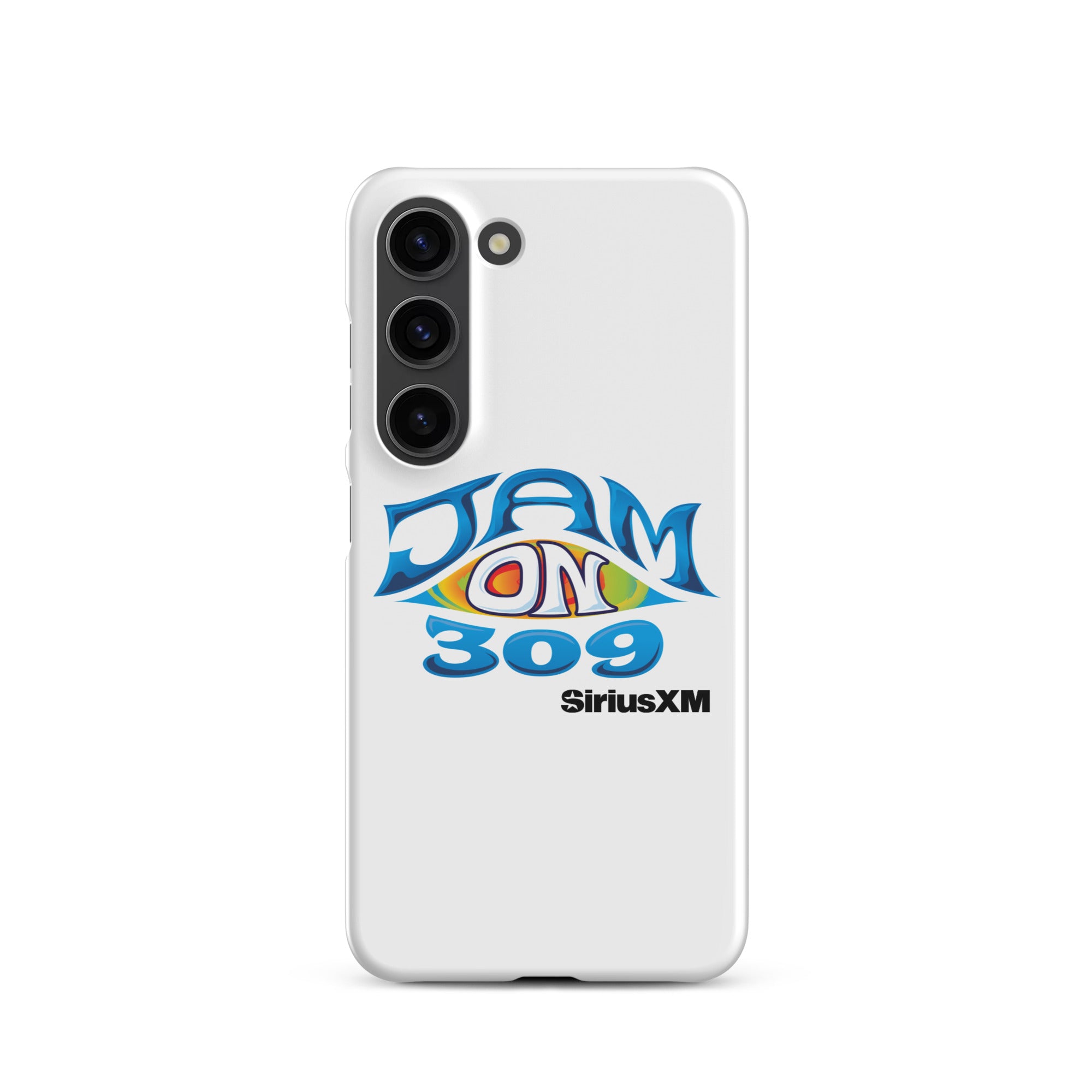 White phone case featuring 'JAM ON 309' logo and 'SiriusXM' text in blue and colorful design.