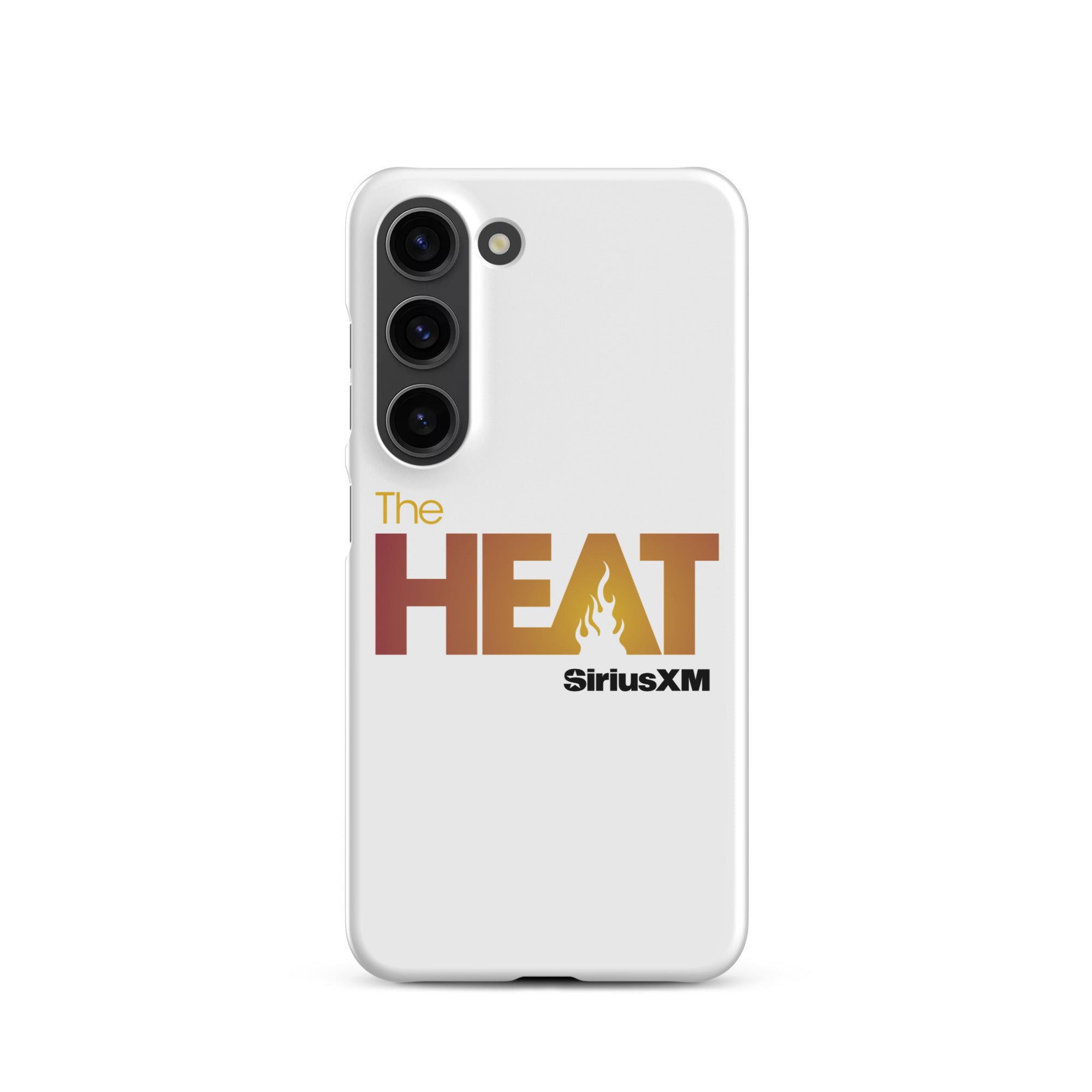 White phone case featuring 'The HEAT' logo with a flame design in orange and red hues and 'SiriusXM' branding.