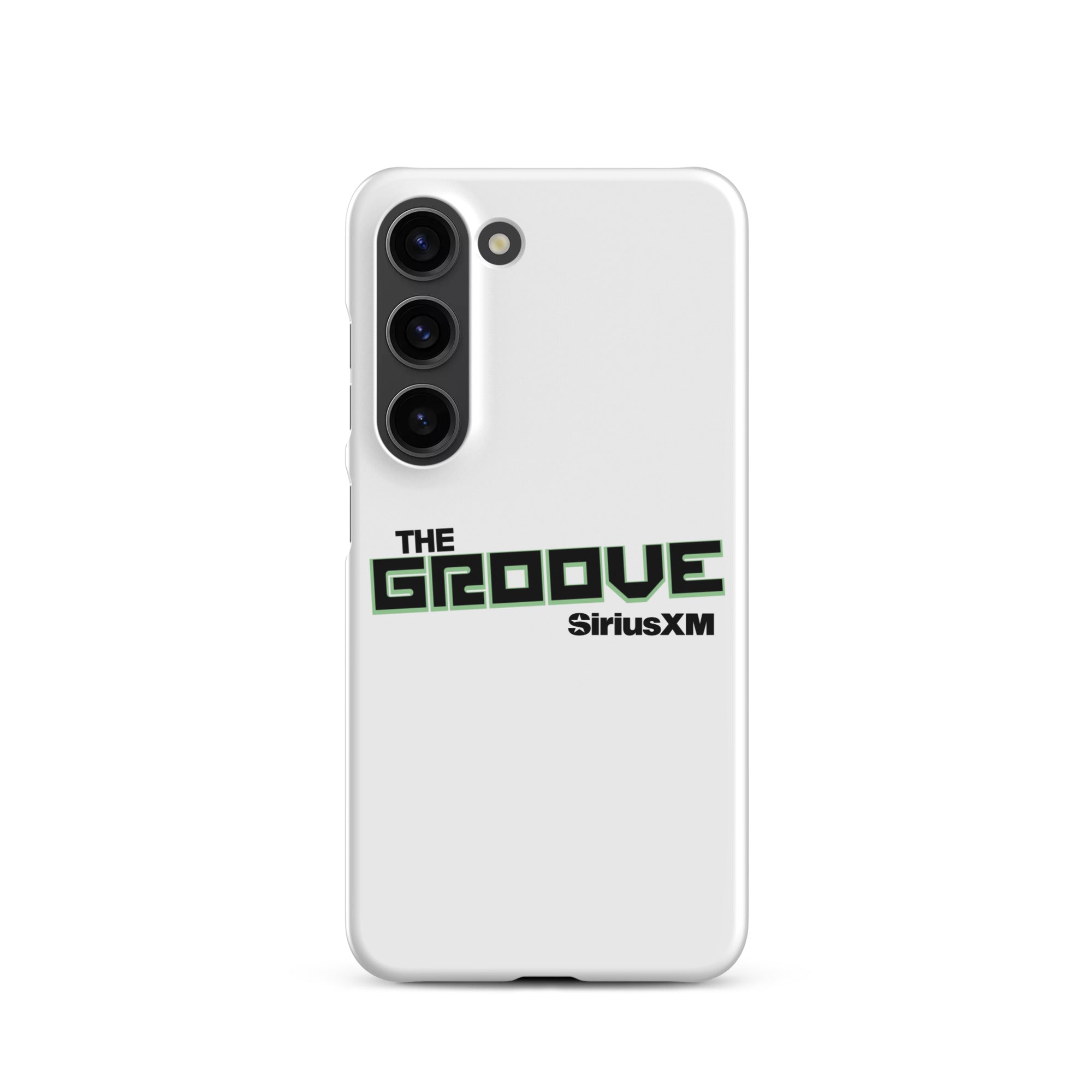 White phone case with 'THE GROOVE' and 'SiriusXM' logo in green and black text.