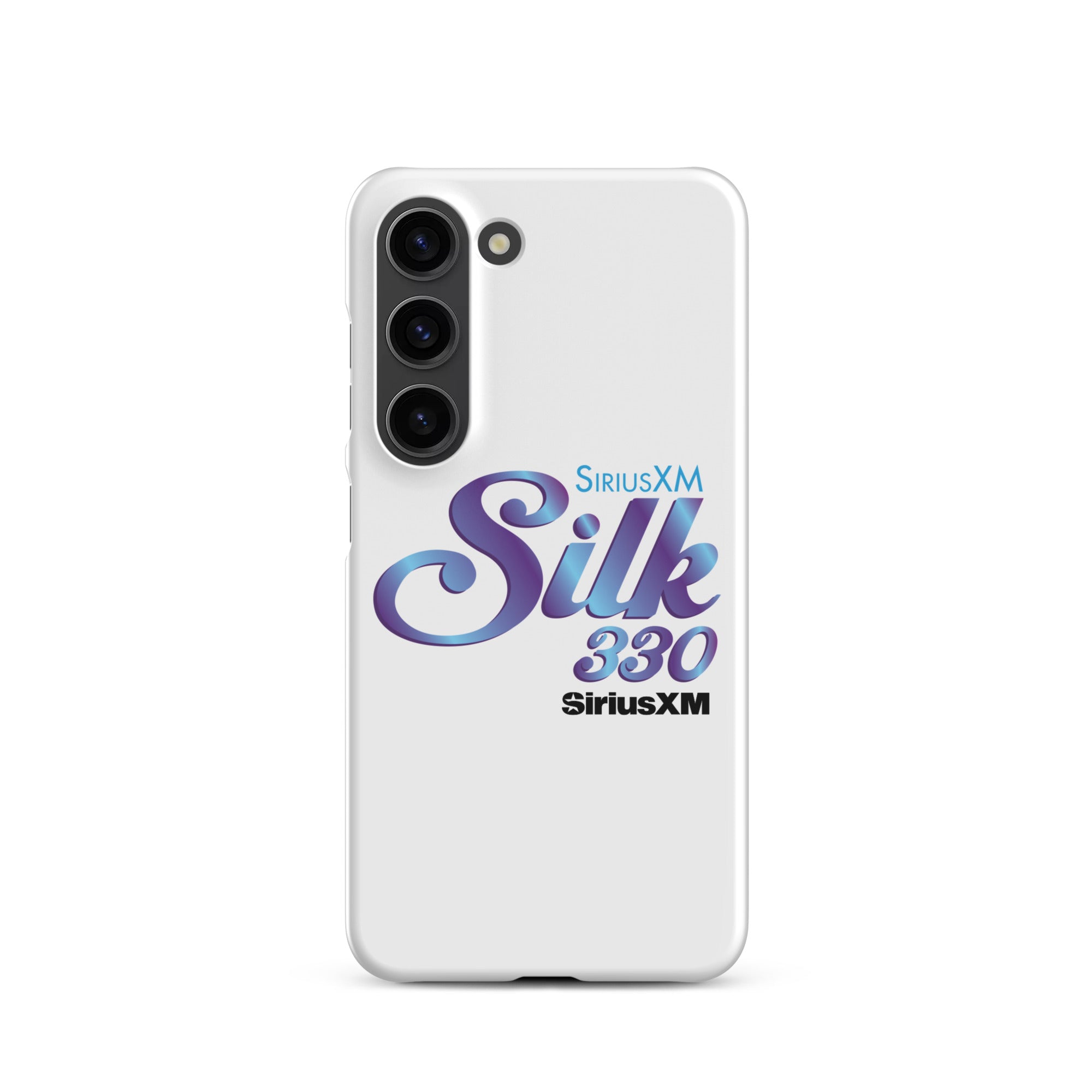 White phone case featuring 'SiriusXM Silk 330' logo in purple and 'SiriusXM' branding in black text.