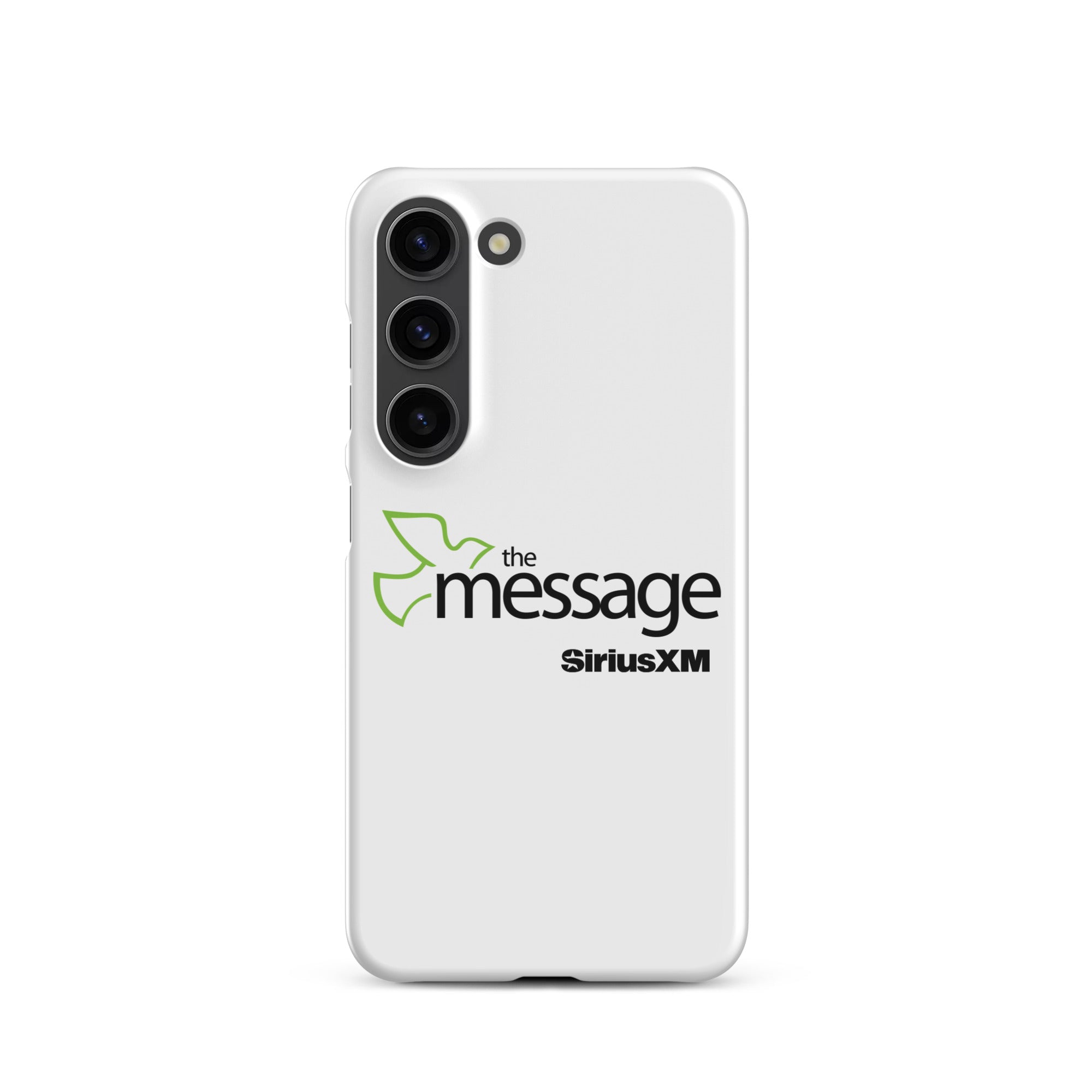 White phone case featuring 'the message' logo alongside 'SiriusXM' branding.