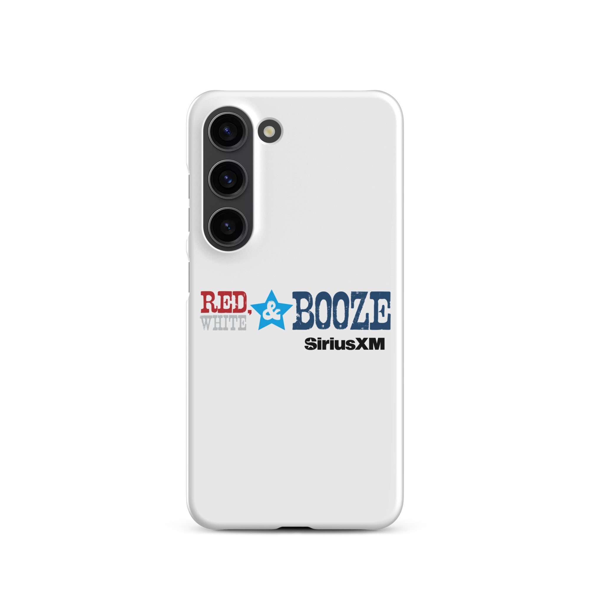 A white phone case featuring the logo 'RED, WHITE & BOOZE' along with 'SiriusXM' logo.