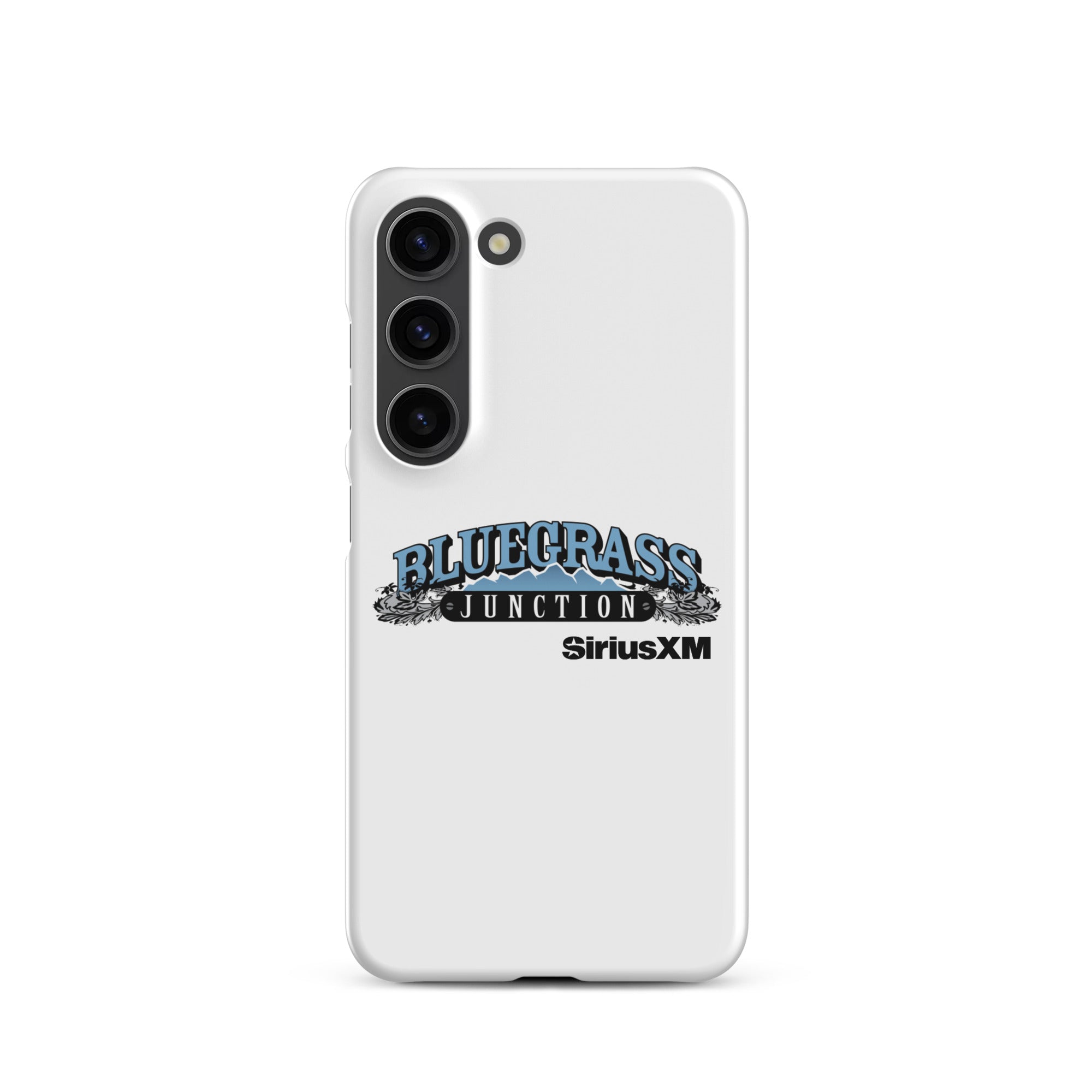 White phone case featuring 'Bluegrass Junction' and 'SiriusXM' logos.