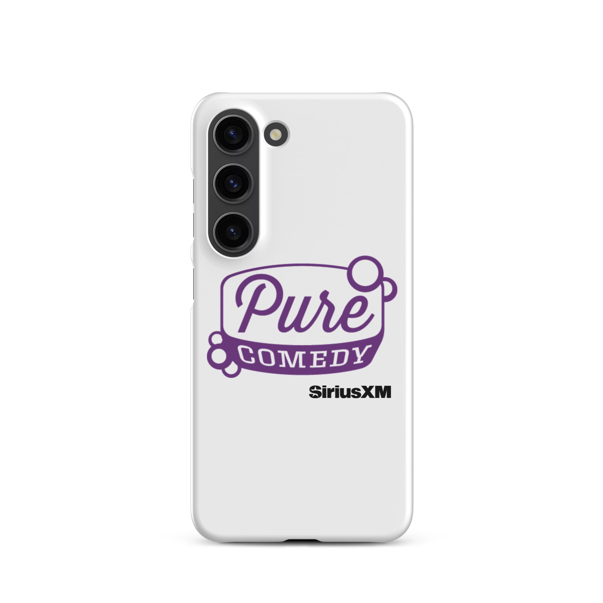 White phone case featuring 'Pure Comedy' in purple text and the 'SiriusXM' logo.