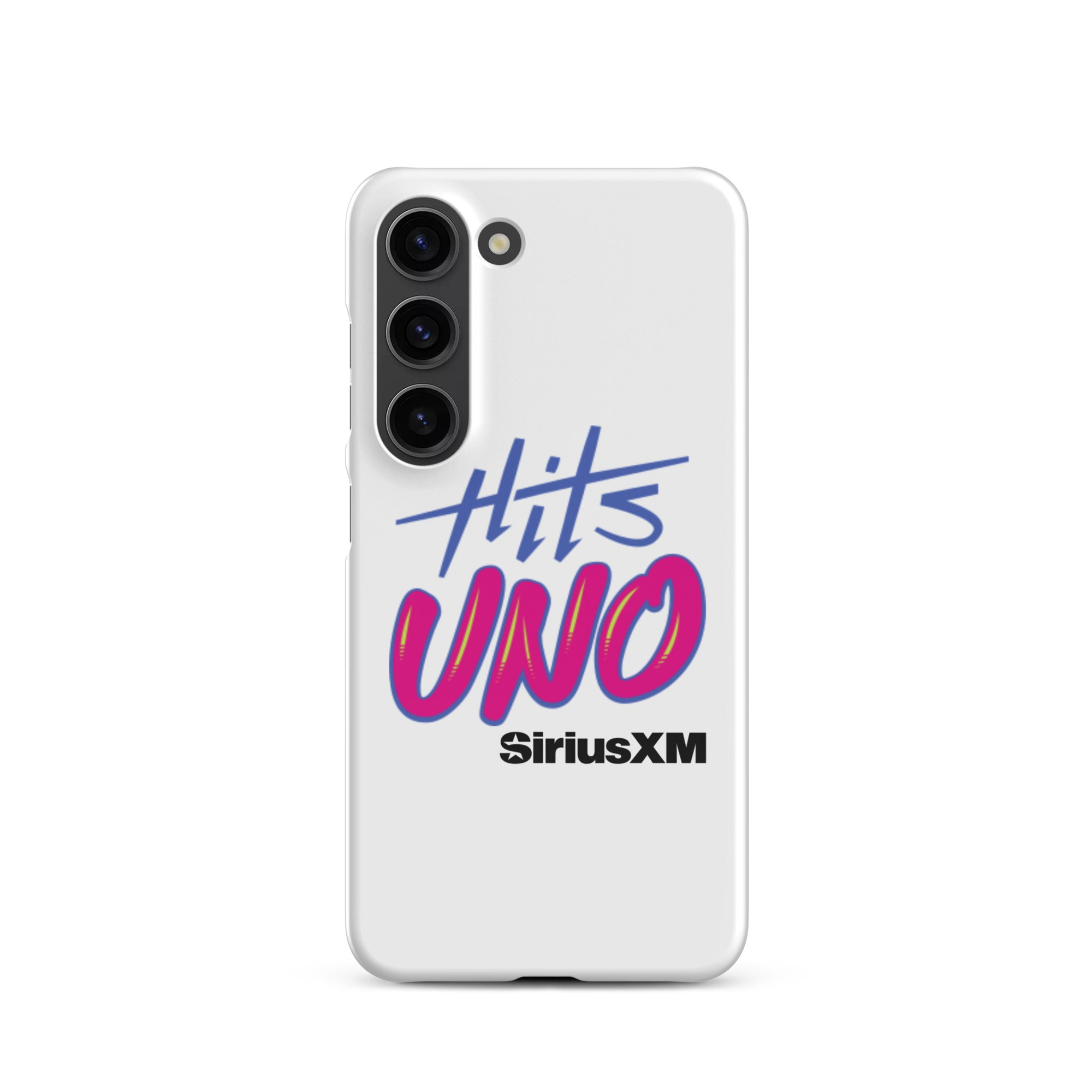 Phone case design featuring 'Hits UNO' and 'SiriusXM' in vibrant blue and pink colors on a white background.