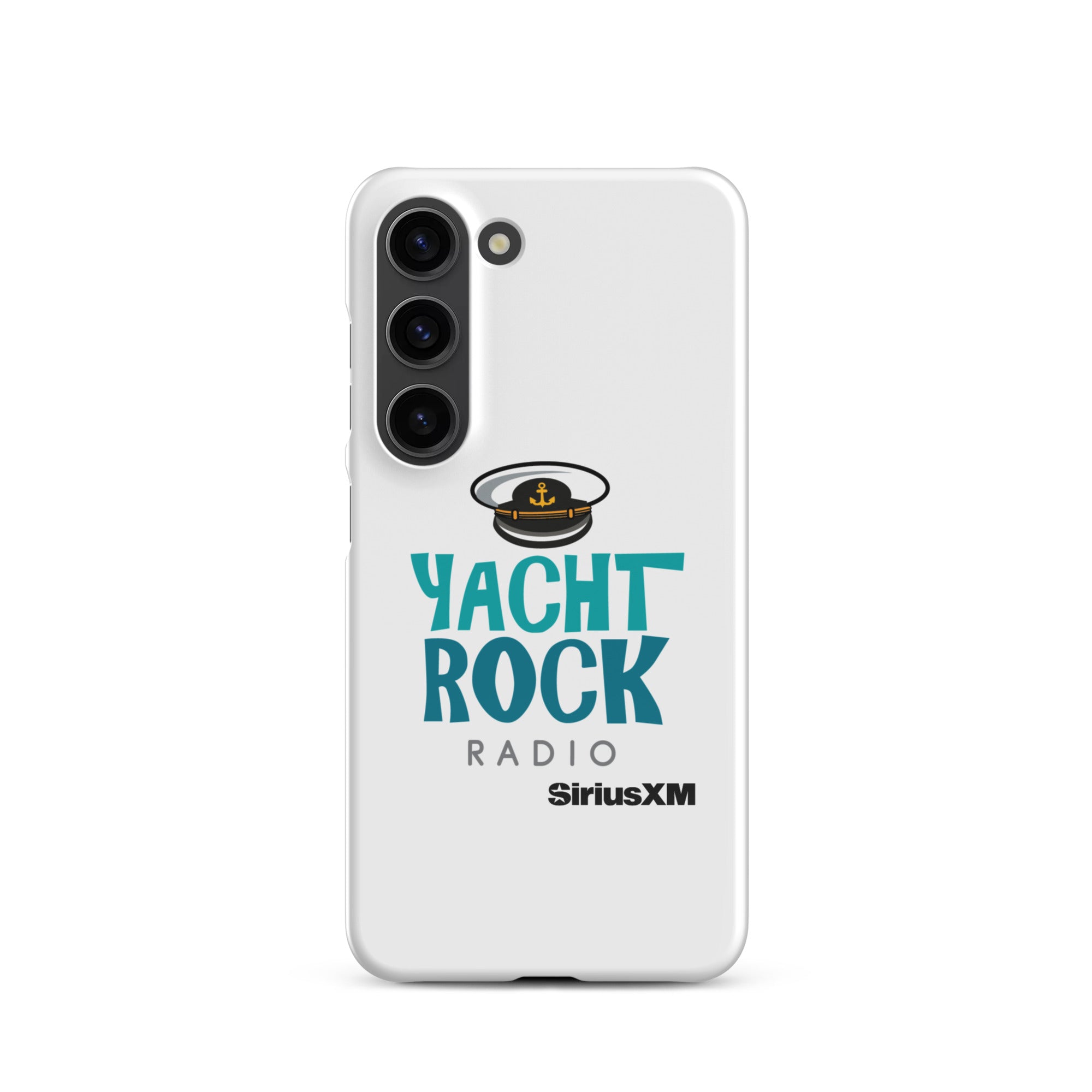 White phone case featuring 'Yacht Rock Radio' logo with a captain's hat and 'SiriusXM' branding.