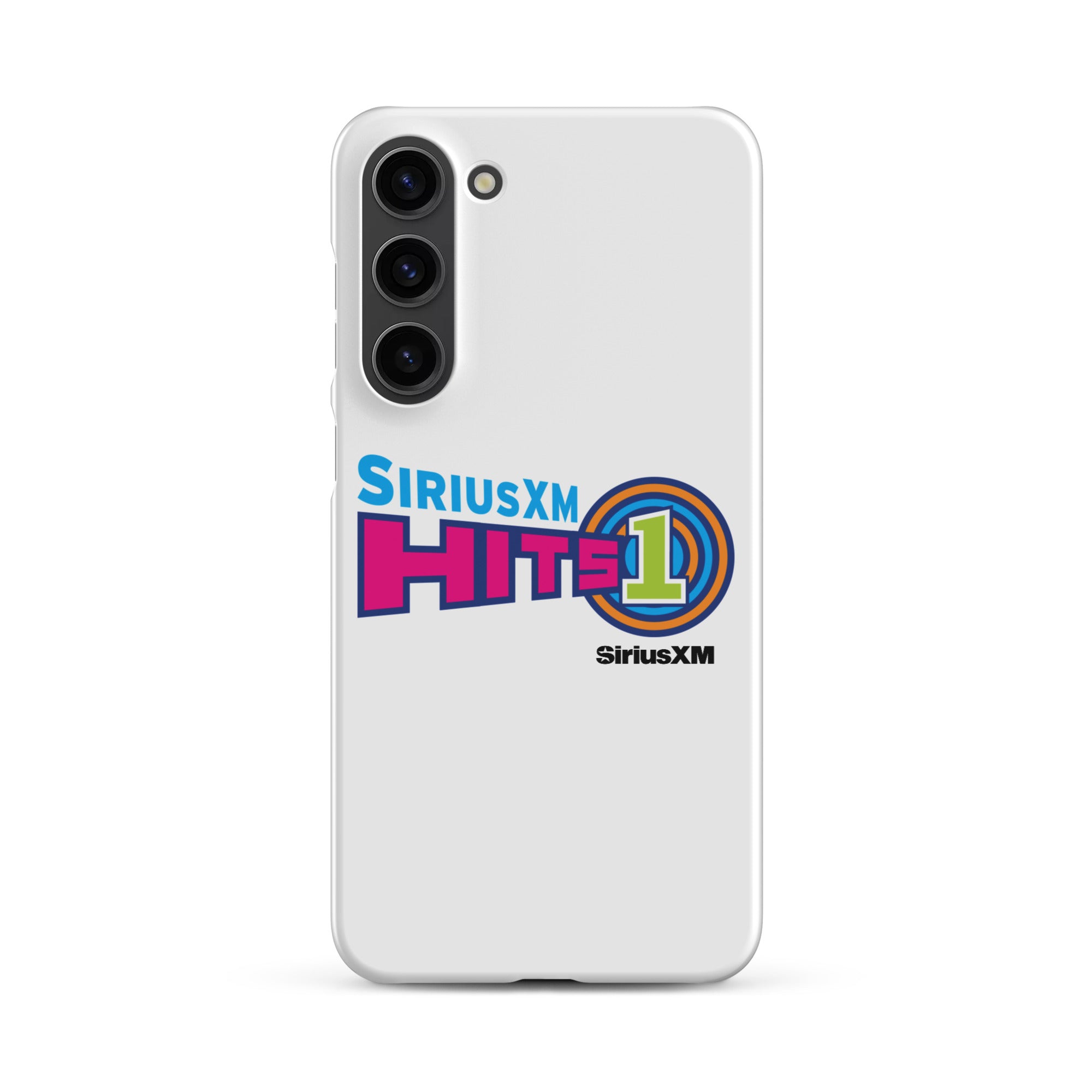 White phone case with 'SiriusXM Hits 1' logo, featuring colors pink, blue, and green design elements and 'SiriusXM' branding.