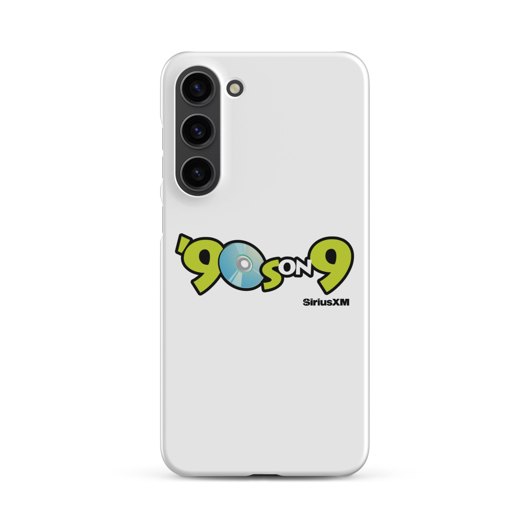 White phone case featuring the '90s on 9 SiriusXM' logo with a blue disc icon.