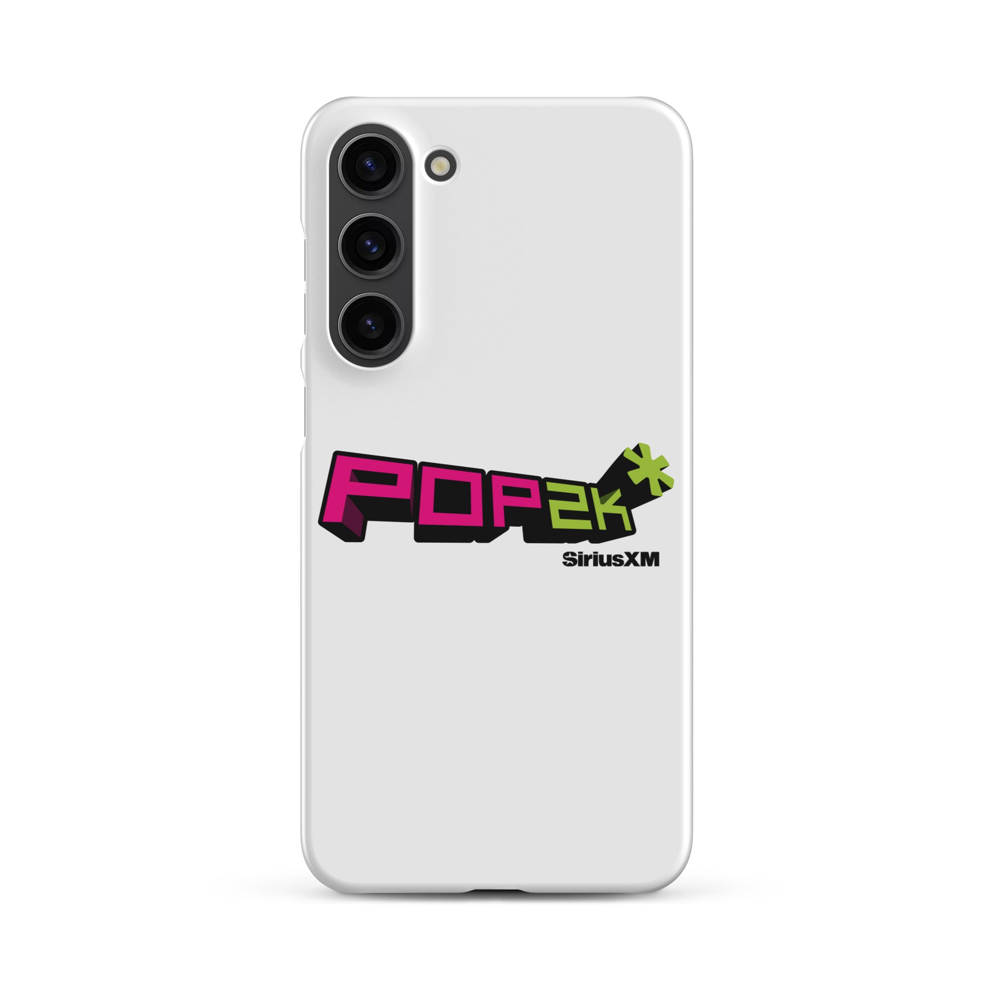 White phone case featuring the 'POP2K' logo with 'SiriusXM' branding in bold pink and green colors.