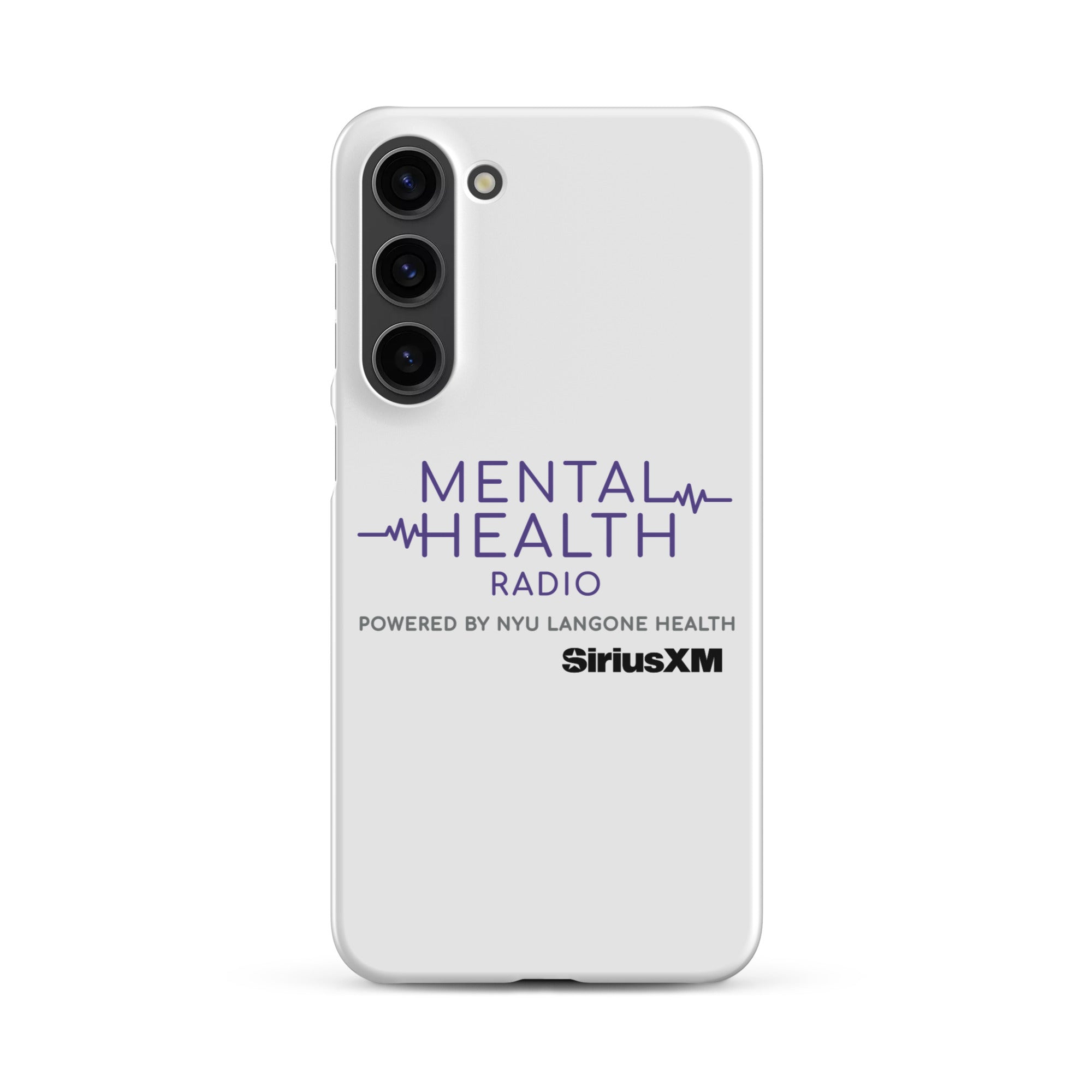 White phone case featuring 'MENTAL HEALTH RADIO powered by NYU Langone Health' logo and 'SiriusXM' branding.