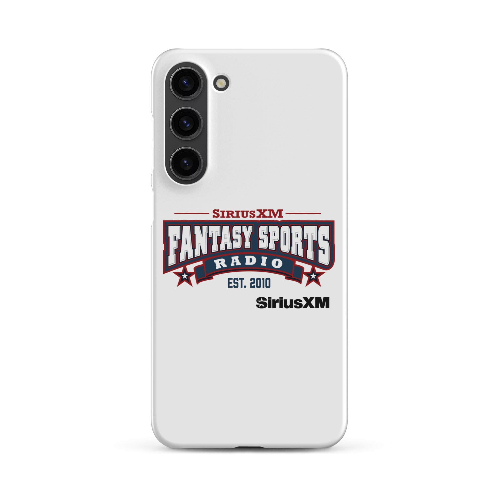 White phone case with 'SiriusXM Fantasy Sports Radio established 2010' logo, featuring red and blue design elements.