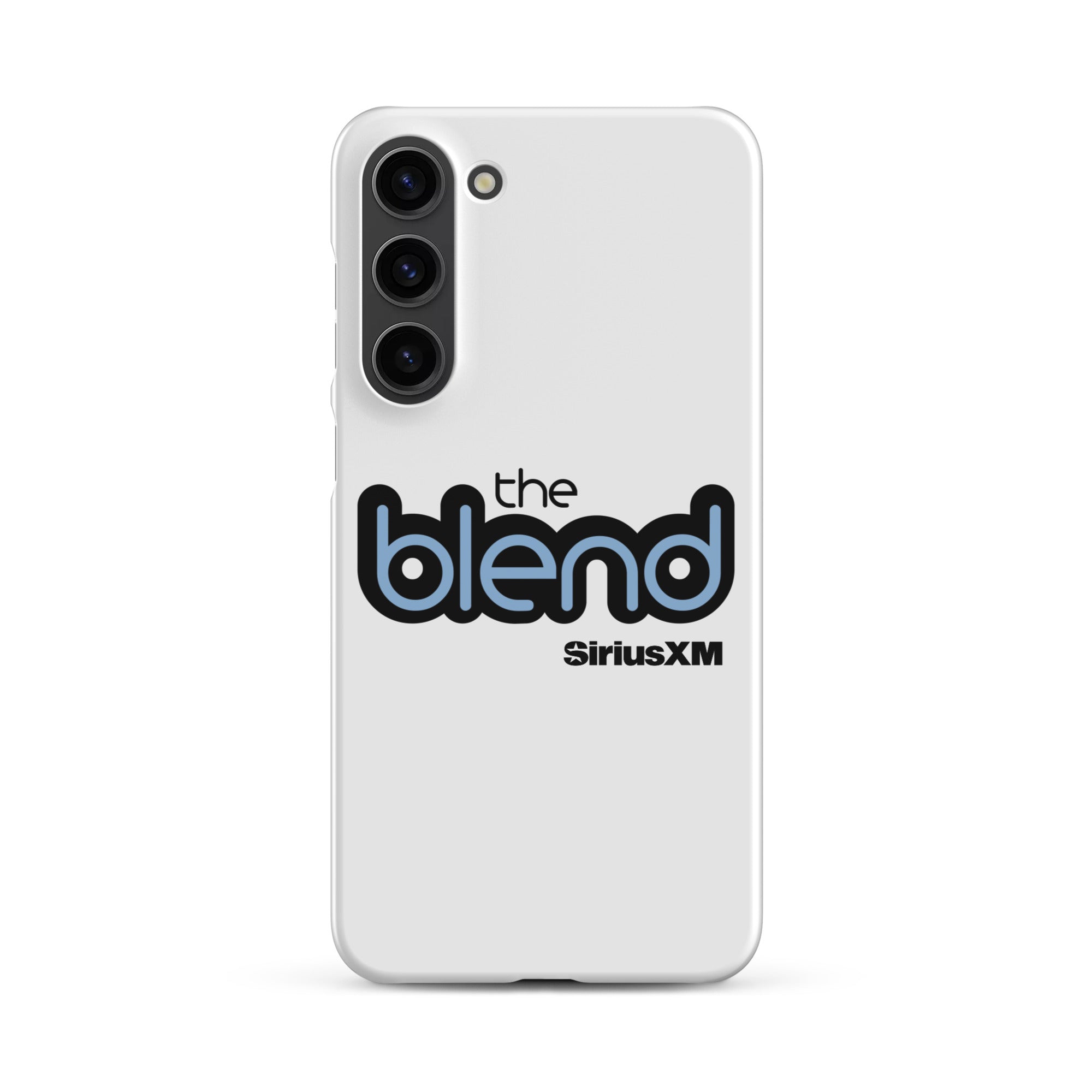 White phone case featuring the logo 'the blend' and 'SiriusXM' in blue and black text.