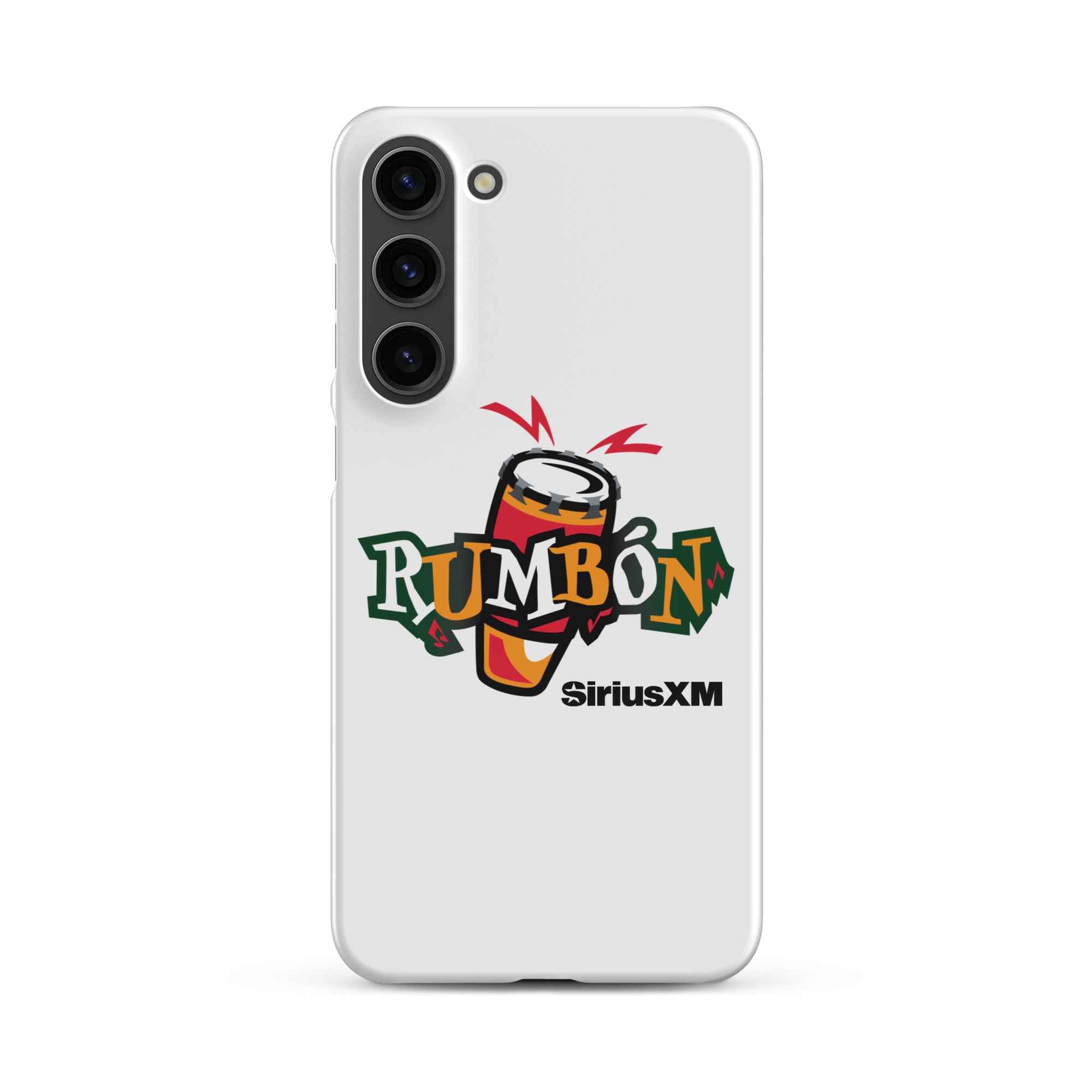 White phone case featuring a colorful 'Rumbón' logo with a conga drum and 'SiriusXM' branding.