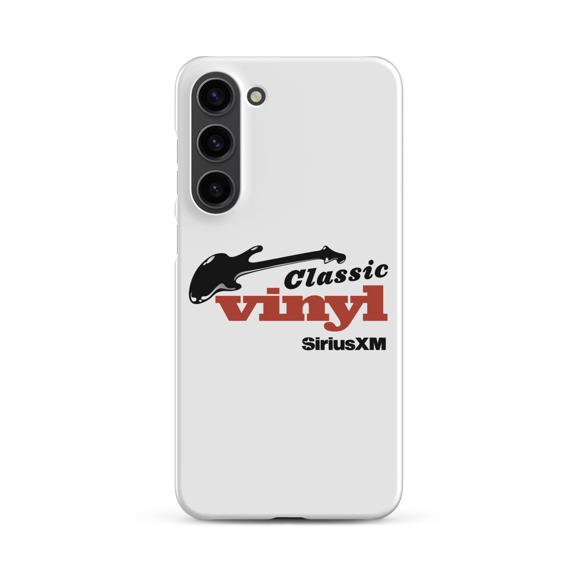 White phone case featuring 'Classic Vinyl' logo in red and black, and a black guitar graphic, with 'SiriusXM' logo.