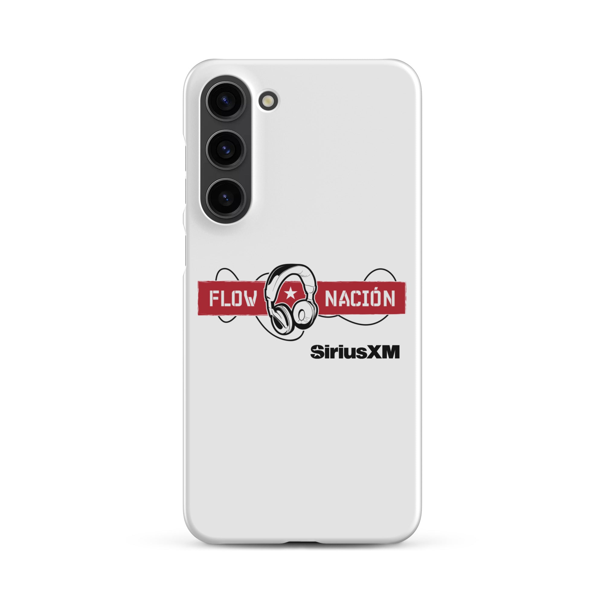 A white phone case featuring the 'FLOW NACIÓN' logo with headphones and the 'SiriusXM' branding.