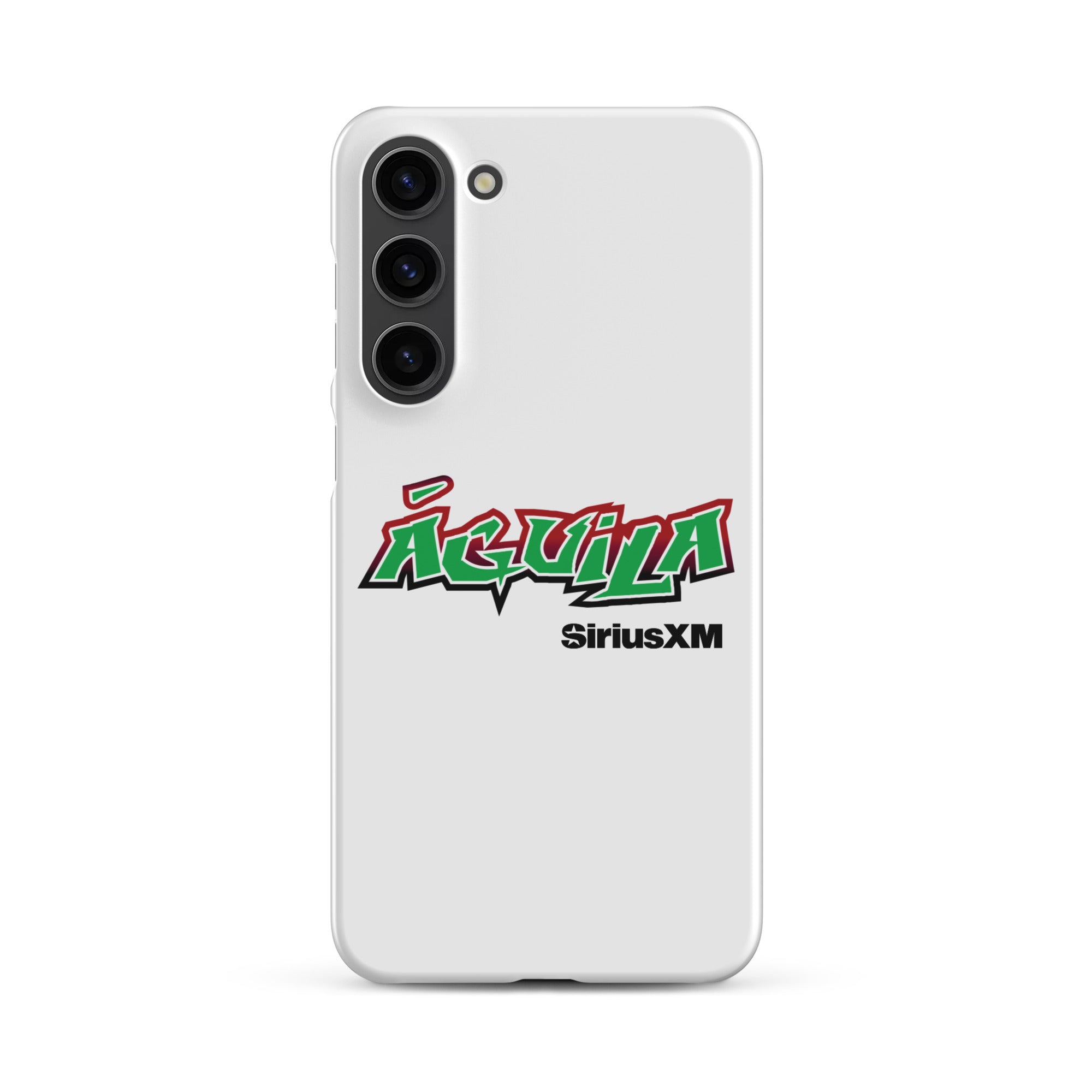 White smartphone case featuring 'Águila' in green and red text with 'SiriusXM' below.