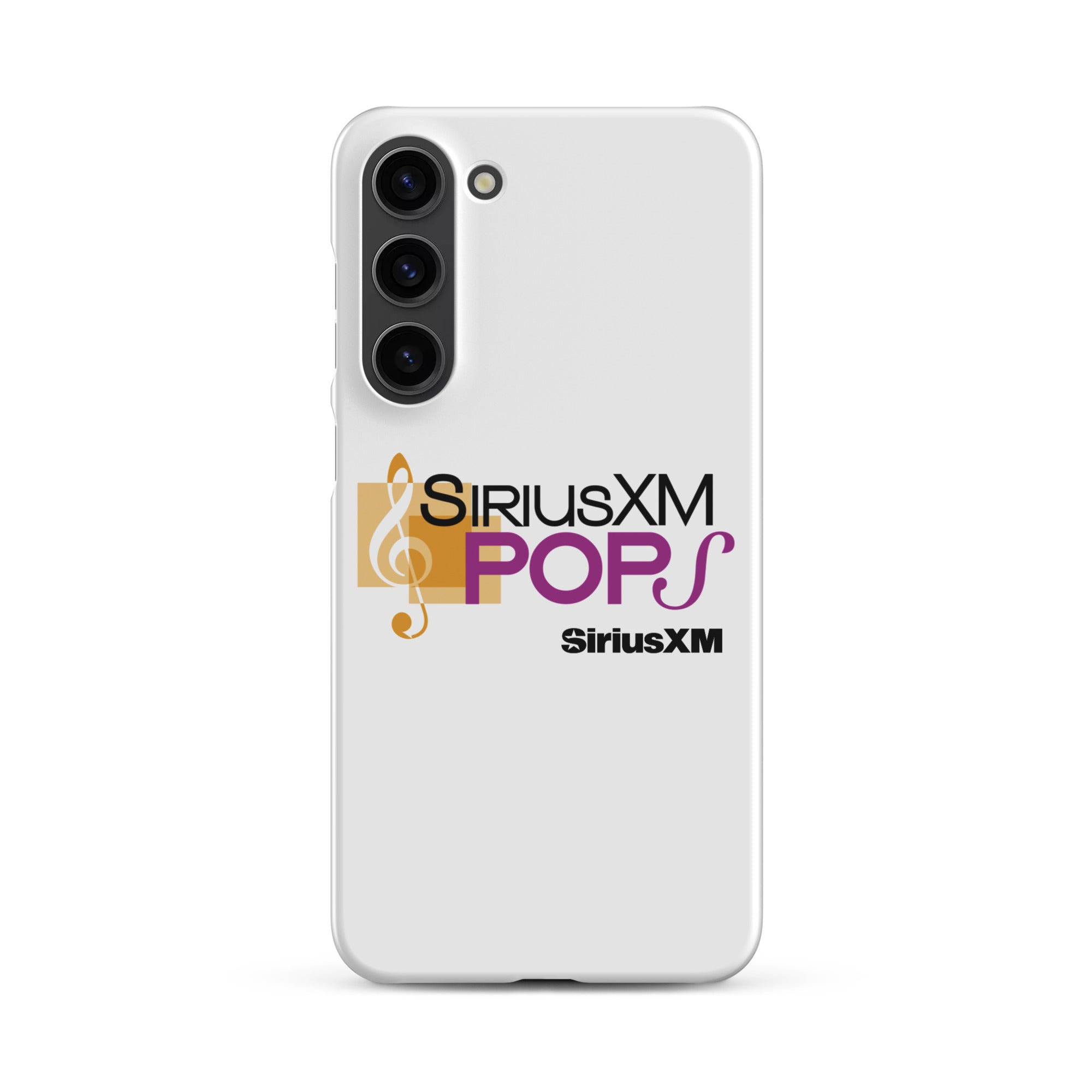 White phone case with 'SiriusXM Pops' logo featuring musical notes and 'SiriusXM' branding.