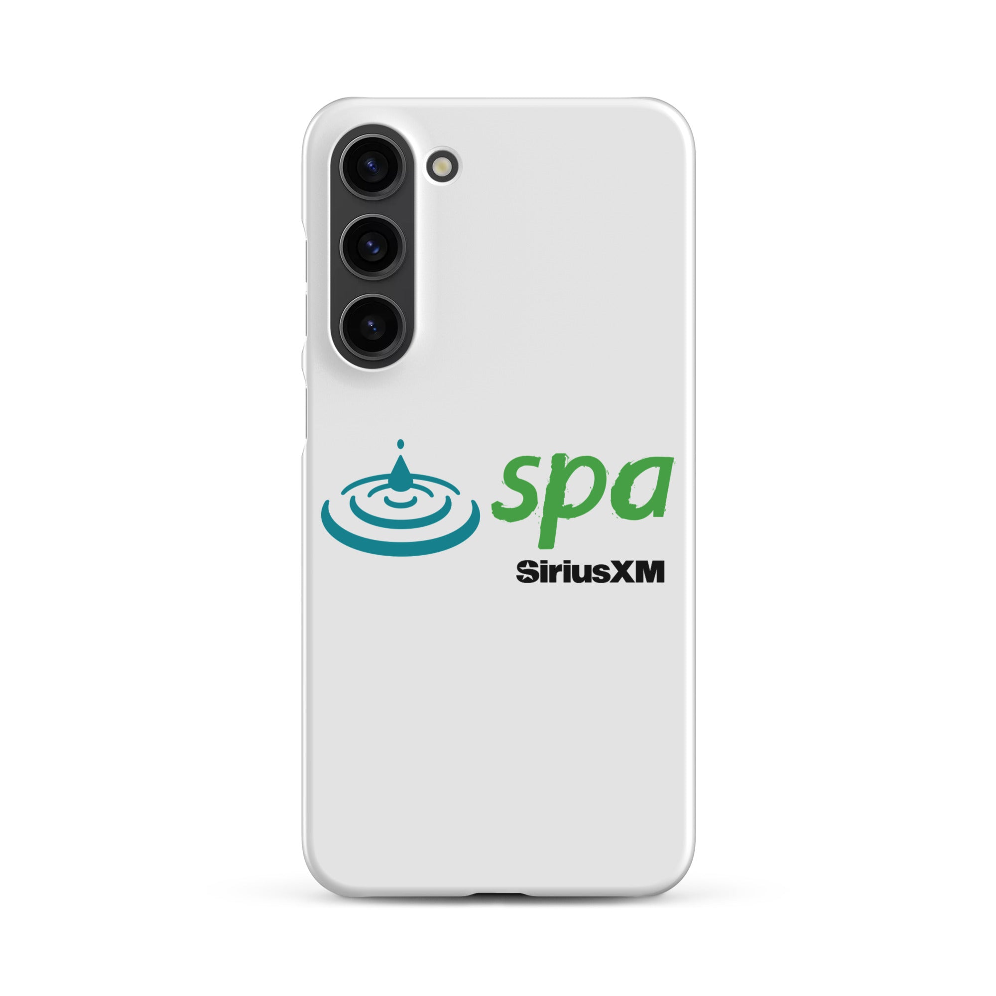 White phone case featuring 'spa' and 'SiriusXM' logos with a water ripple design.