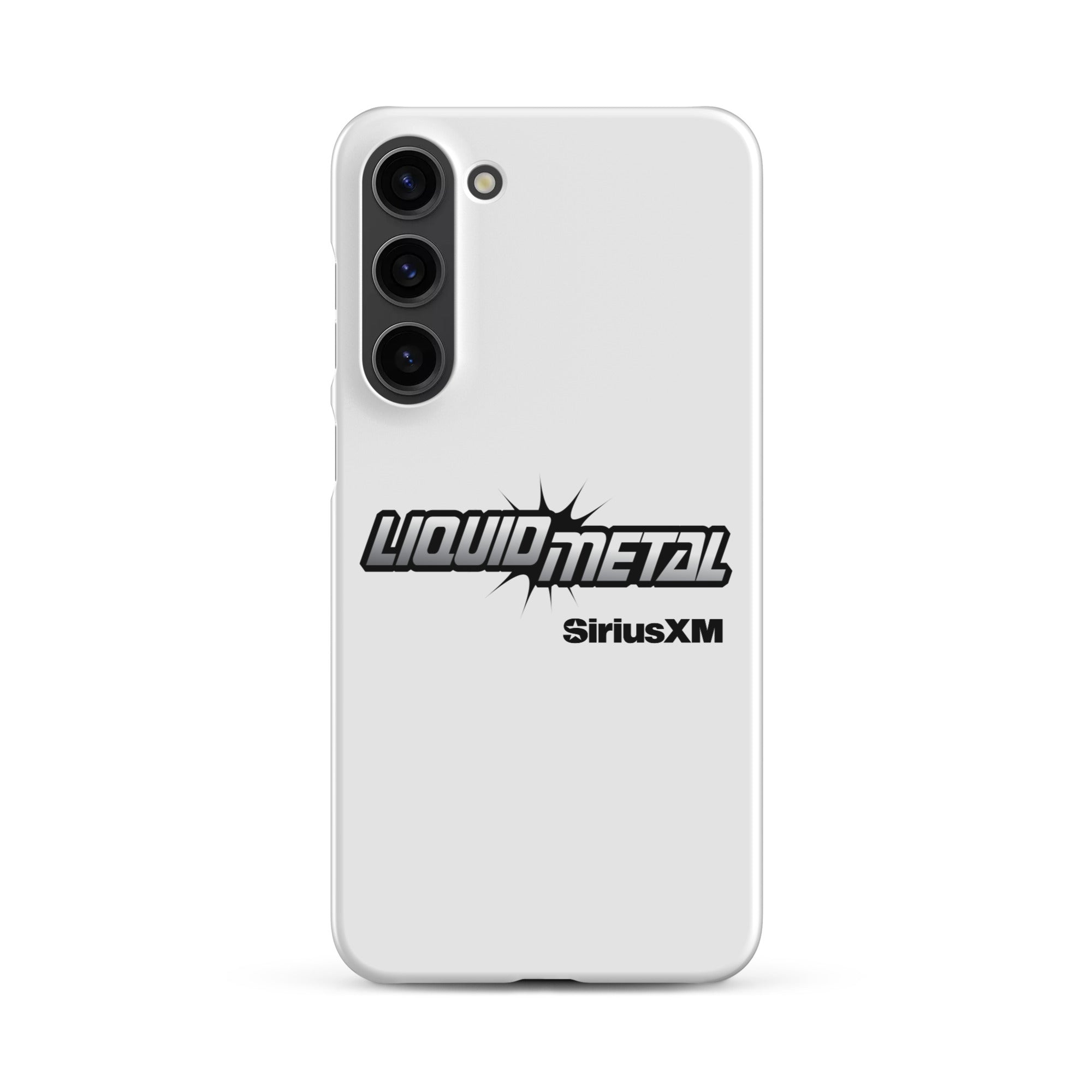 White phone case featuring 'LIQUID METAL' logo and 'SiriusXM' branding.