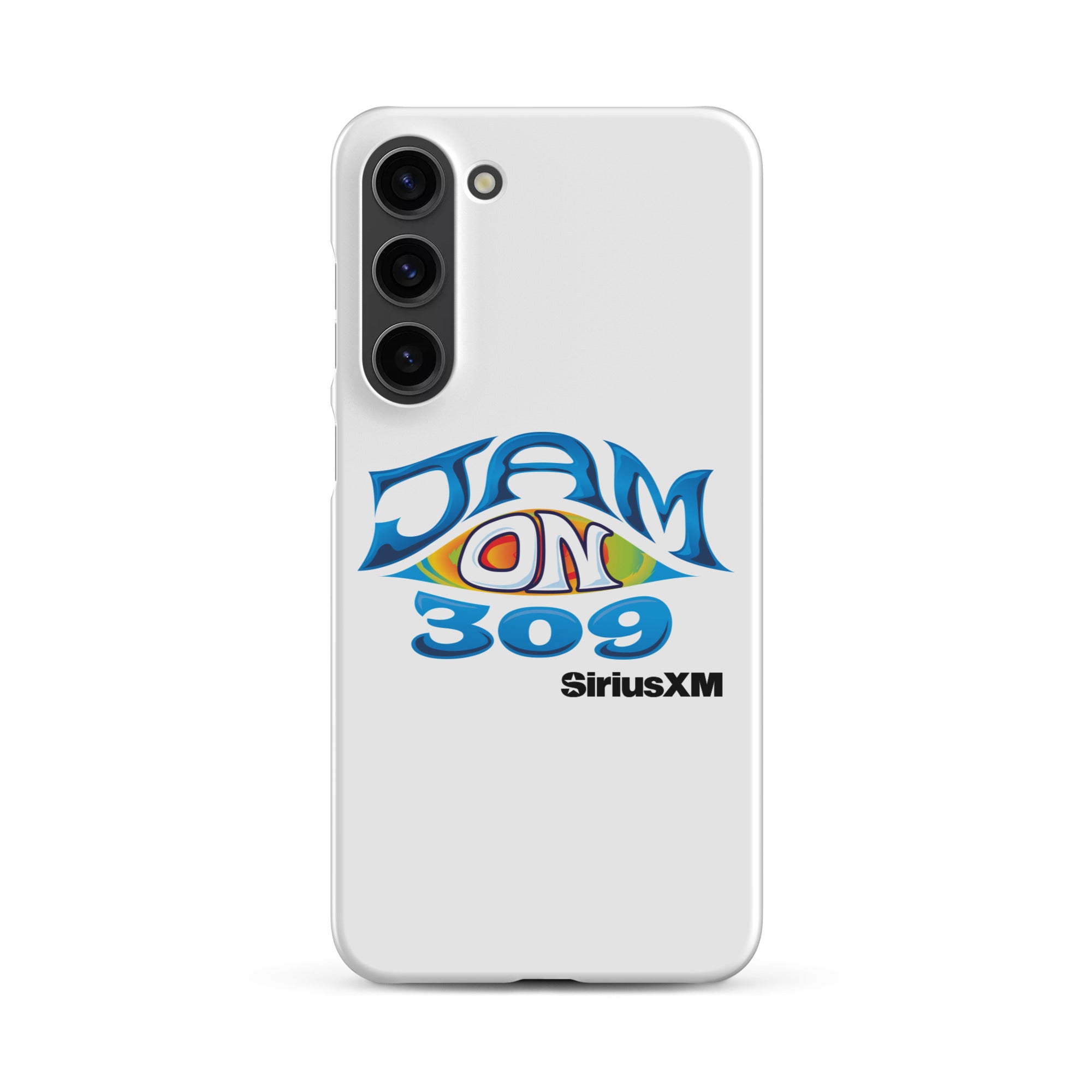 White phone case featuring 'JAM ON 309' logo and 'SiriusXM' text in blue and colorful design.