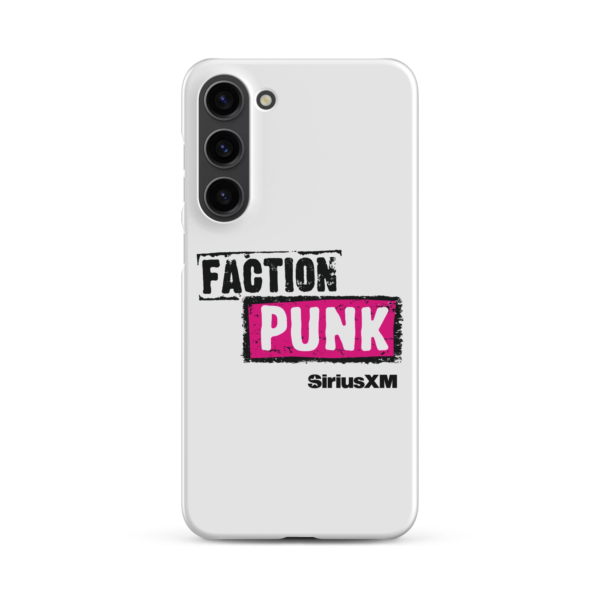 A white phone case with the words 'FACTION PUNK' in bold black and pink lettering and 'SiriusXM' branding.