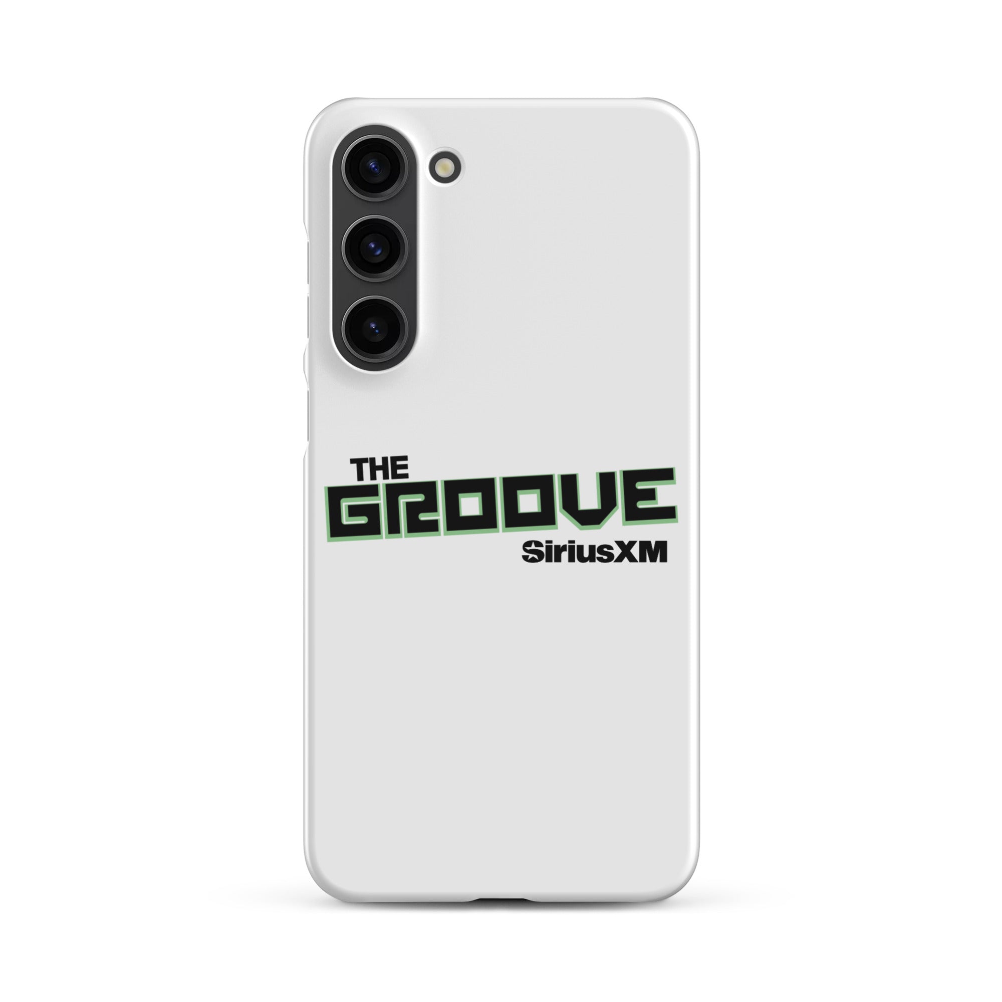 White phone case with 'THE GROOVE' and 'SiriusXM' logo in green and black text.