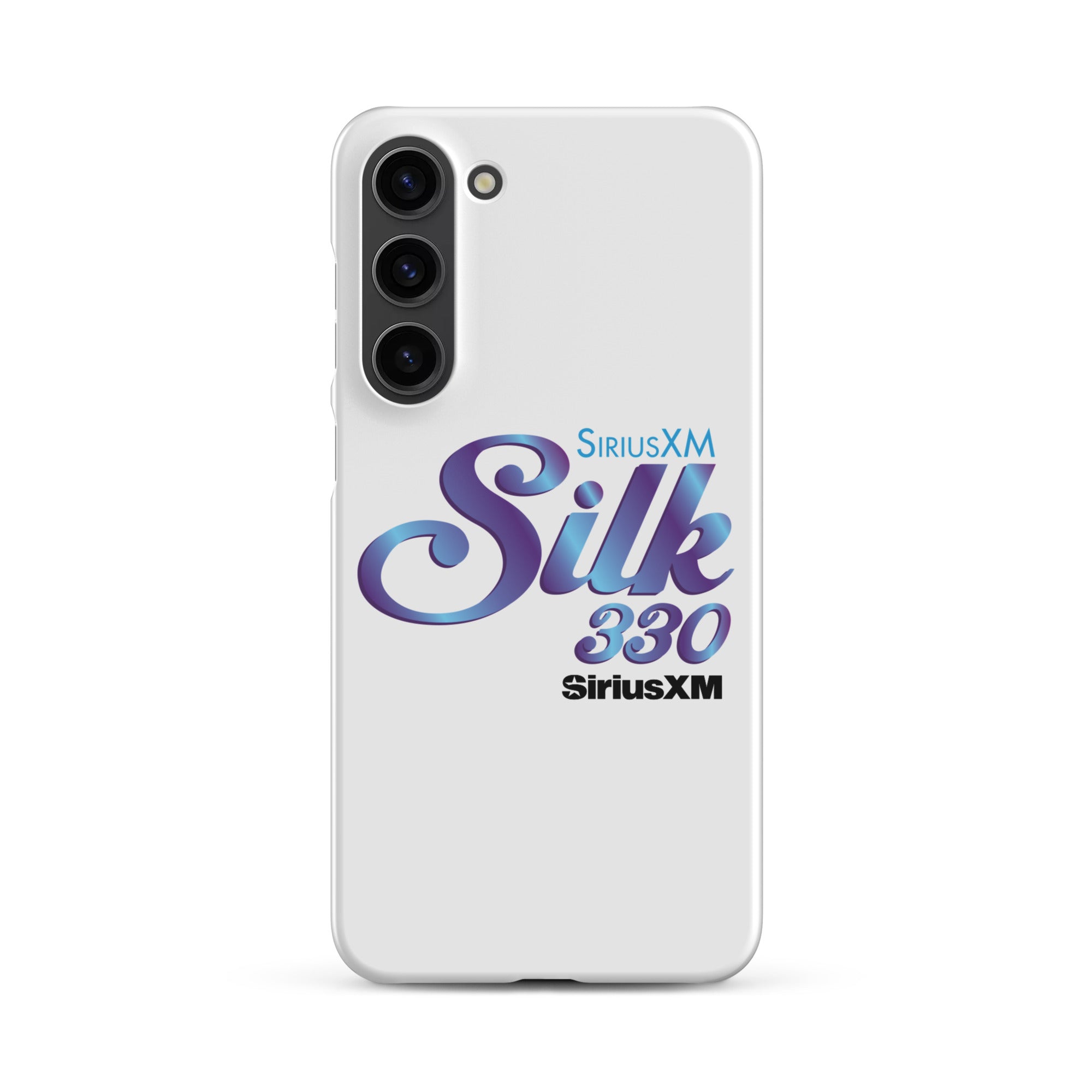 White phone case featuring 'SiriusXM Silk 330' logo in purple and 'SiriusXM' branding in black text.