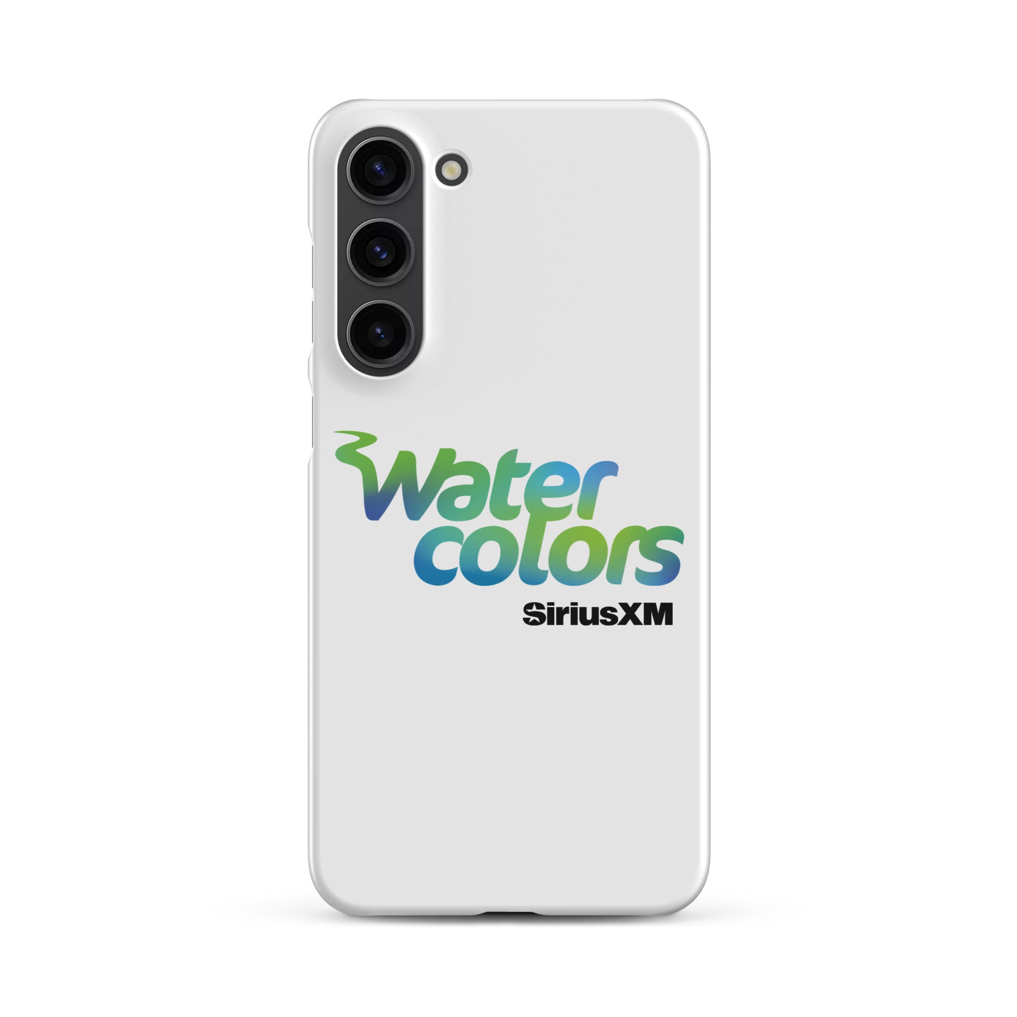 White smartphone case with 'Water colors' logo in blue and green, and 'SiriusXM' in black.