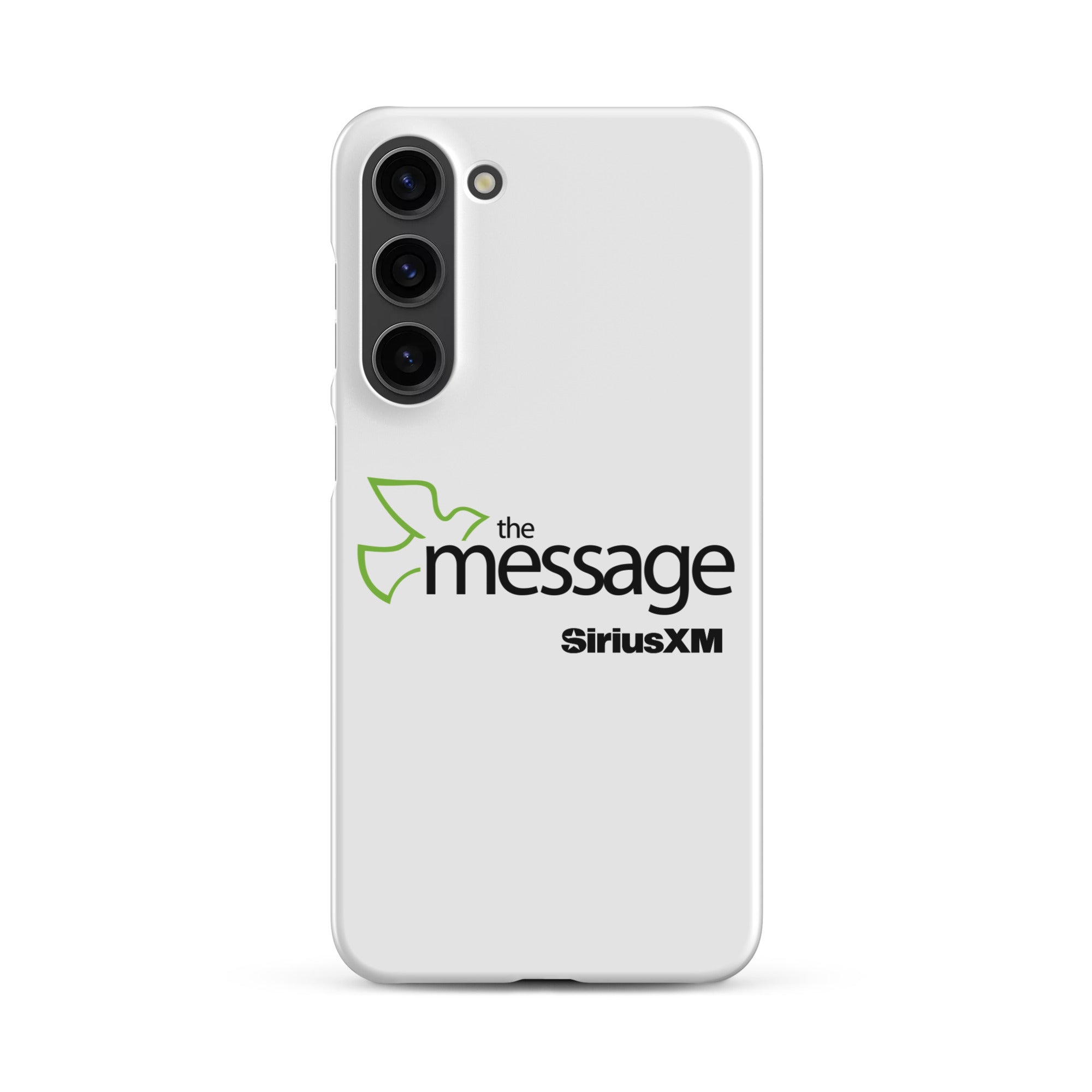 White phone case featuring 'the message' logo alongside 'SiriusXM' branding.