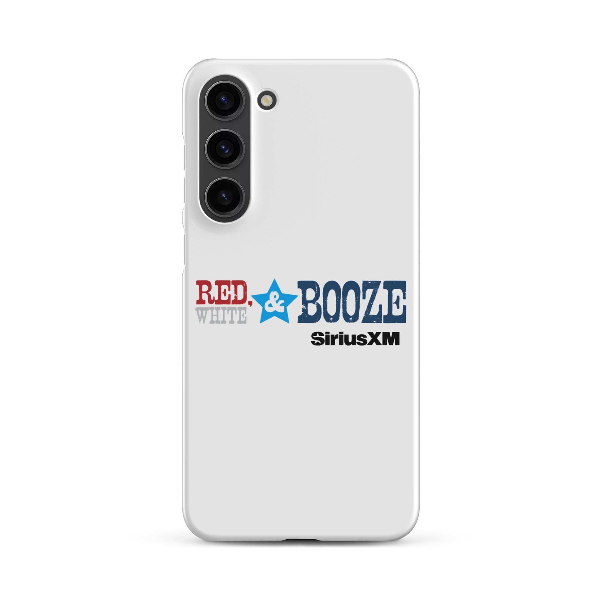 A white phone case featuring the logo 'RED, WHITE & BOOZE' along with 'SiriusXM' logo.