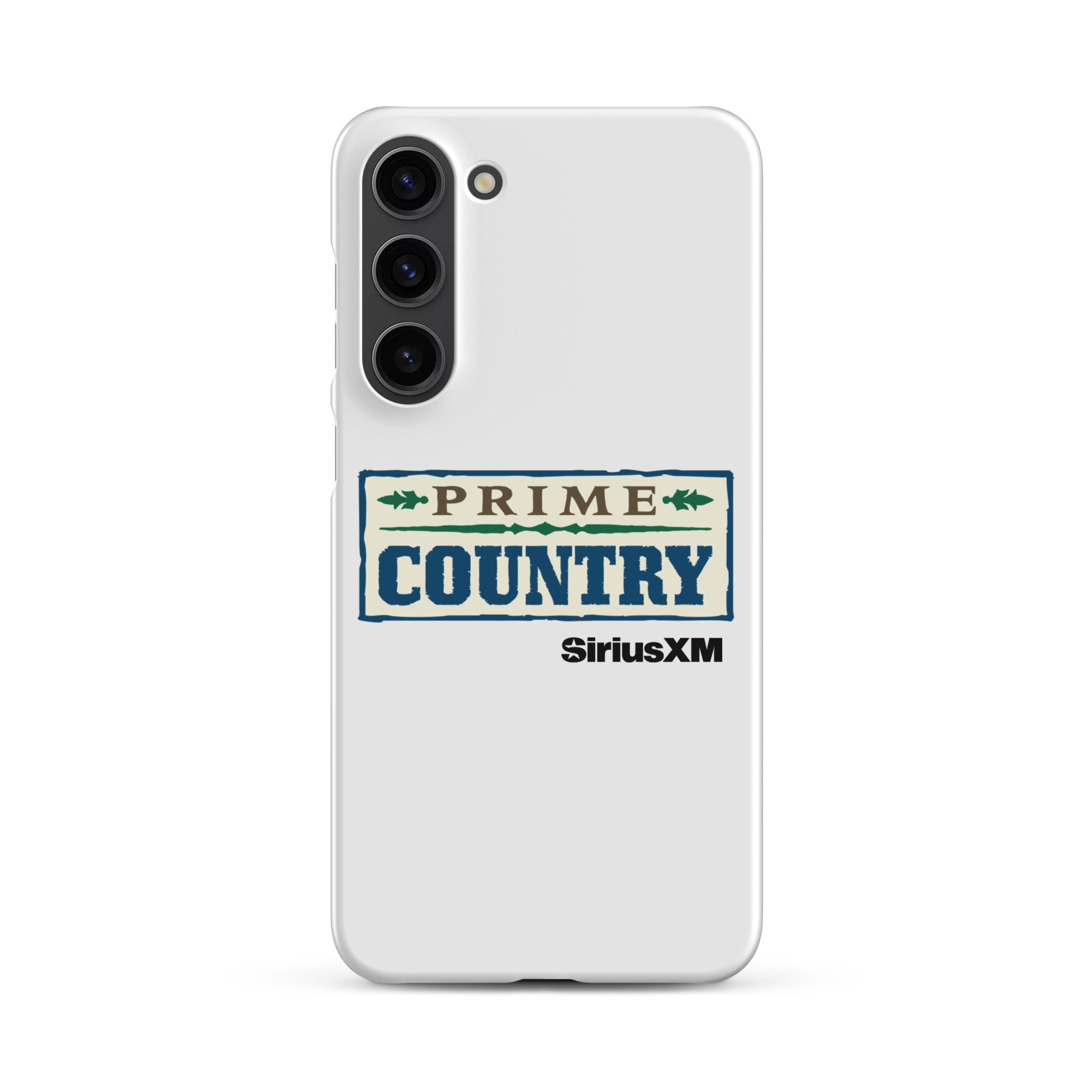 White phone case featuring the 'Prime Country' logo and 'SiriusXM' branding.