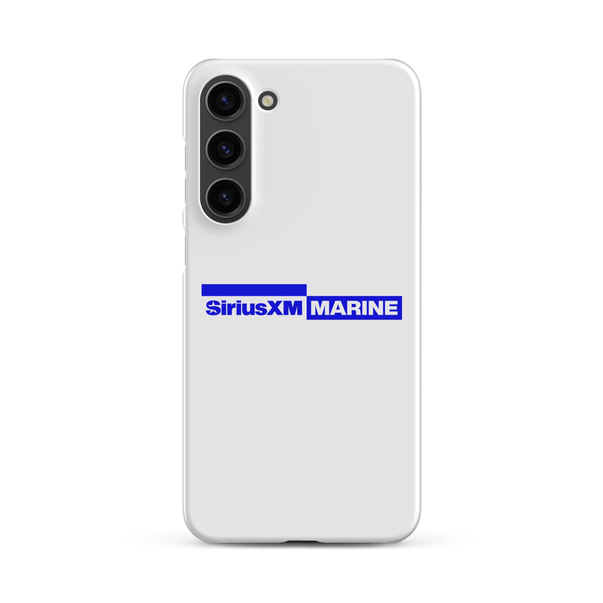 White phone case featuring the SiriusXM Marine logo in blue.