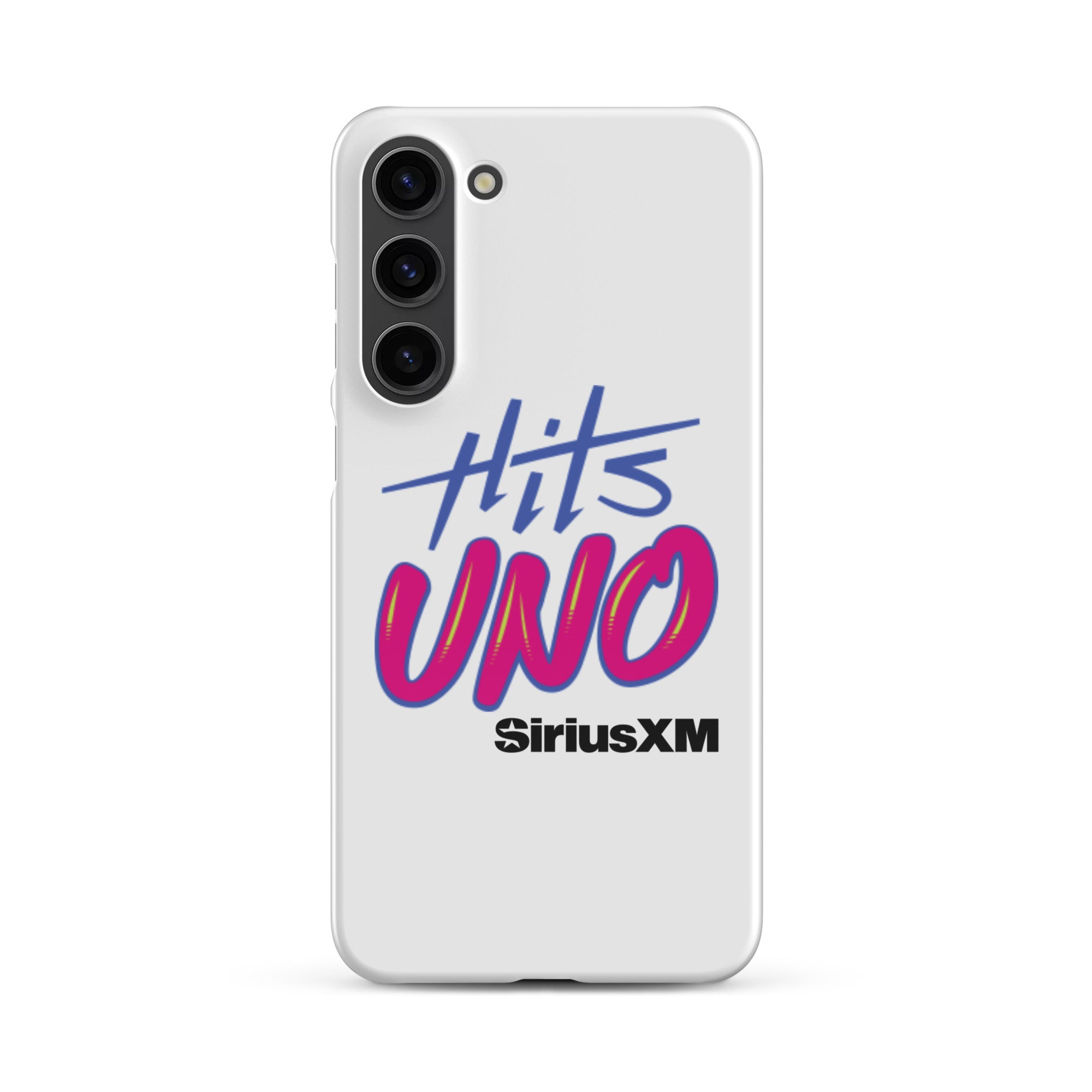 Phone case design featuring 'Hits UNO' and 'SiriusXM' in vibrant blue and pink colors on a white background.