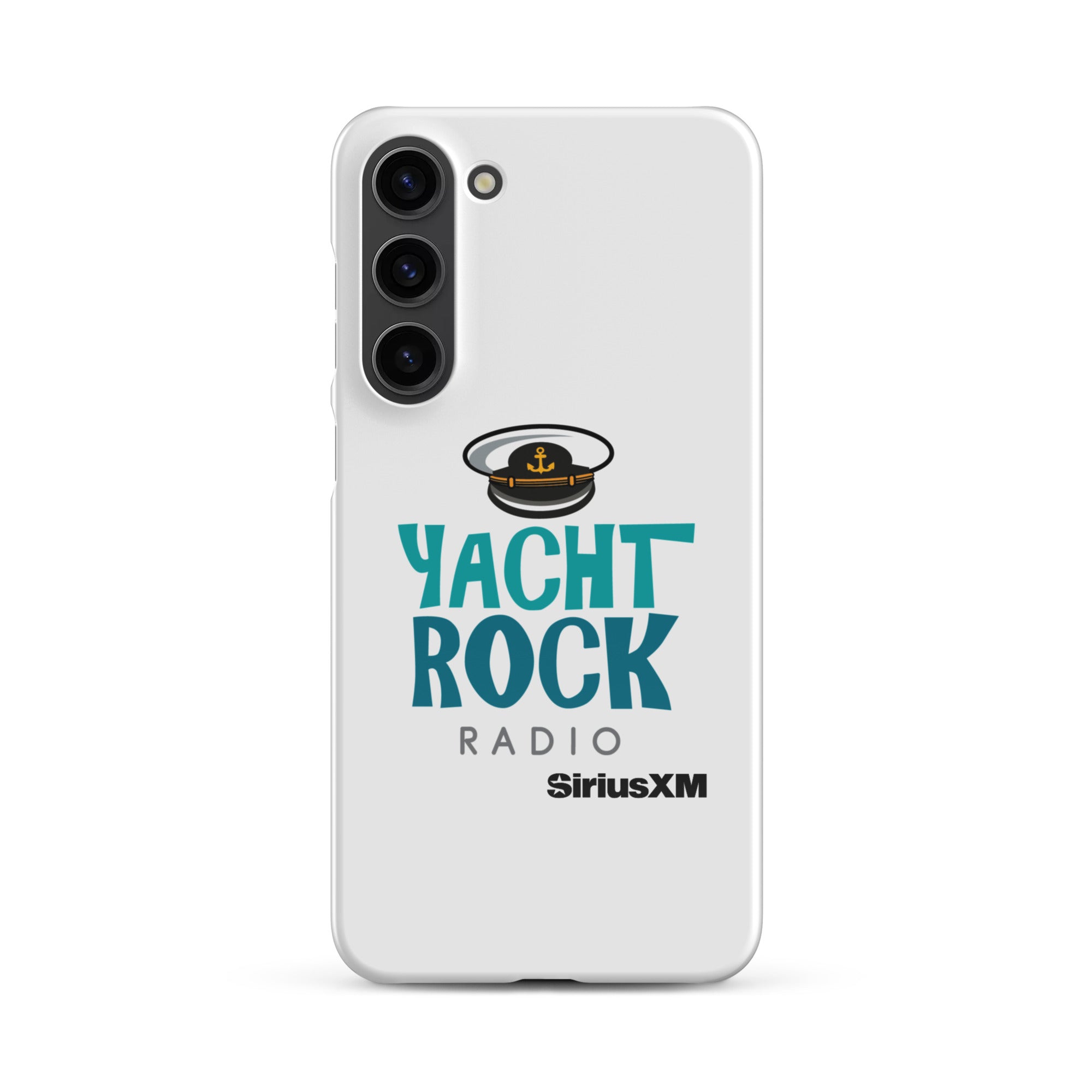 White phone case featuring 'Yacht Rock Radio' logo with a captain's hat and 'SiriusXM' branding.