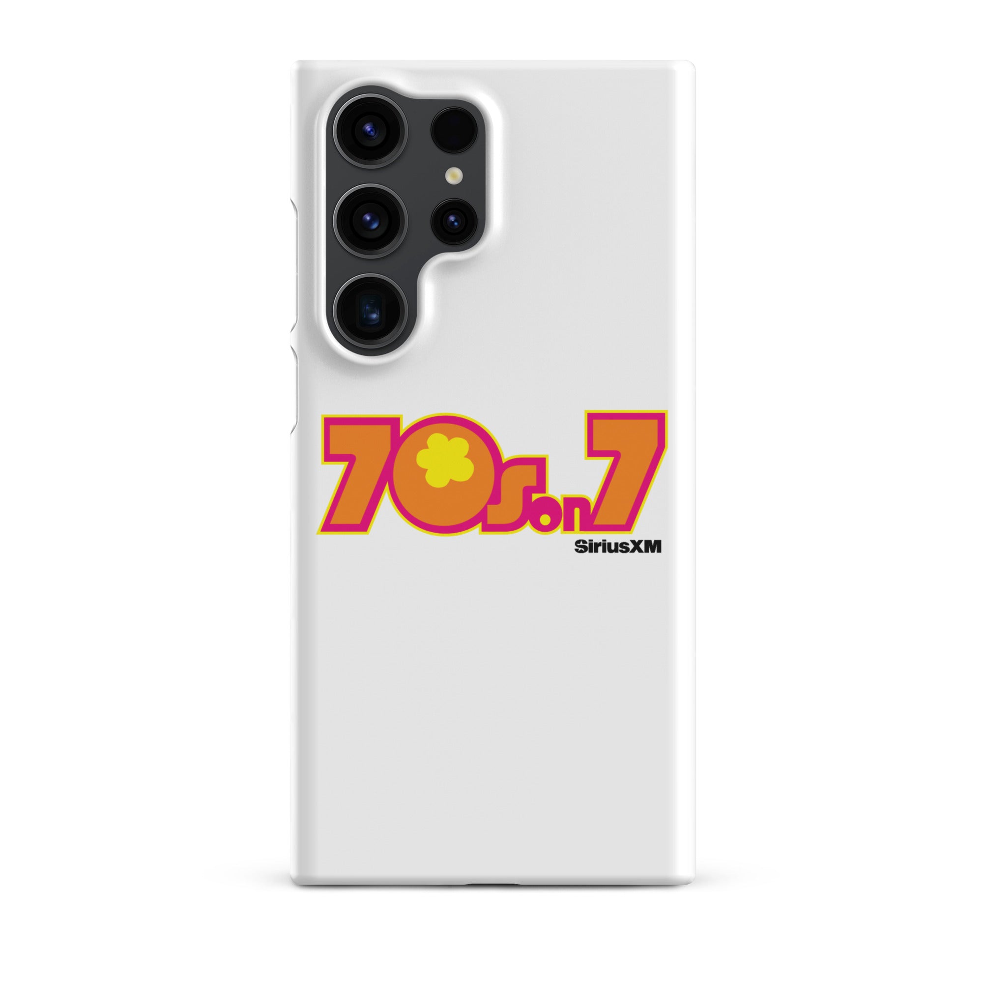 White phone case featuring '70s on 7' logo with colorful orange design and 'SiriusXM' branding.