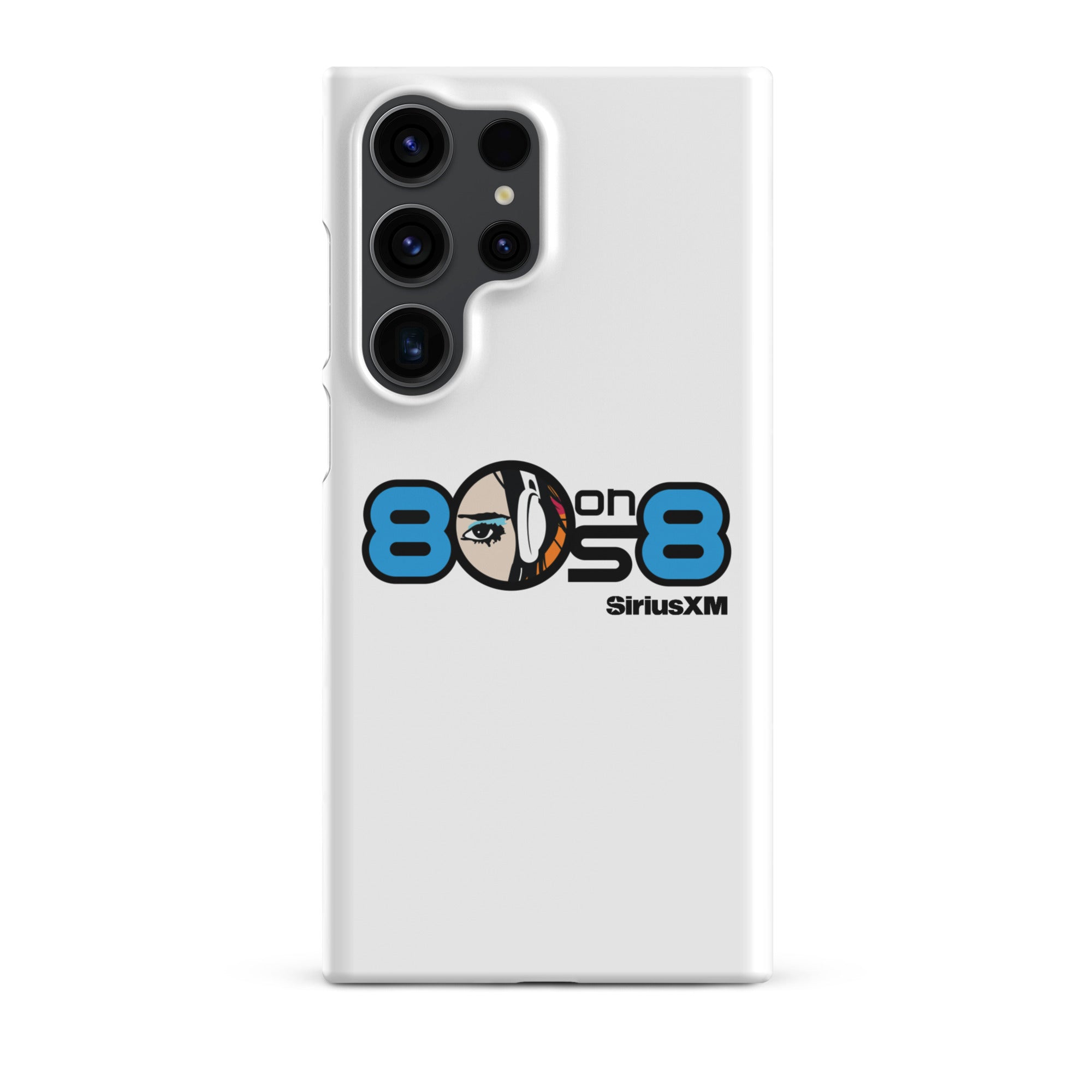 White phone case featuring the '80s on 8 SiriusXM' logo with a stylized face and headphones design.