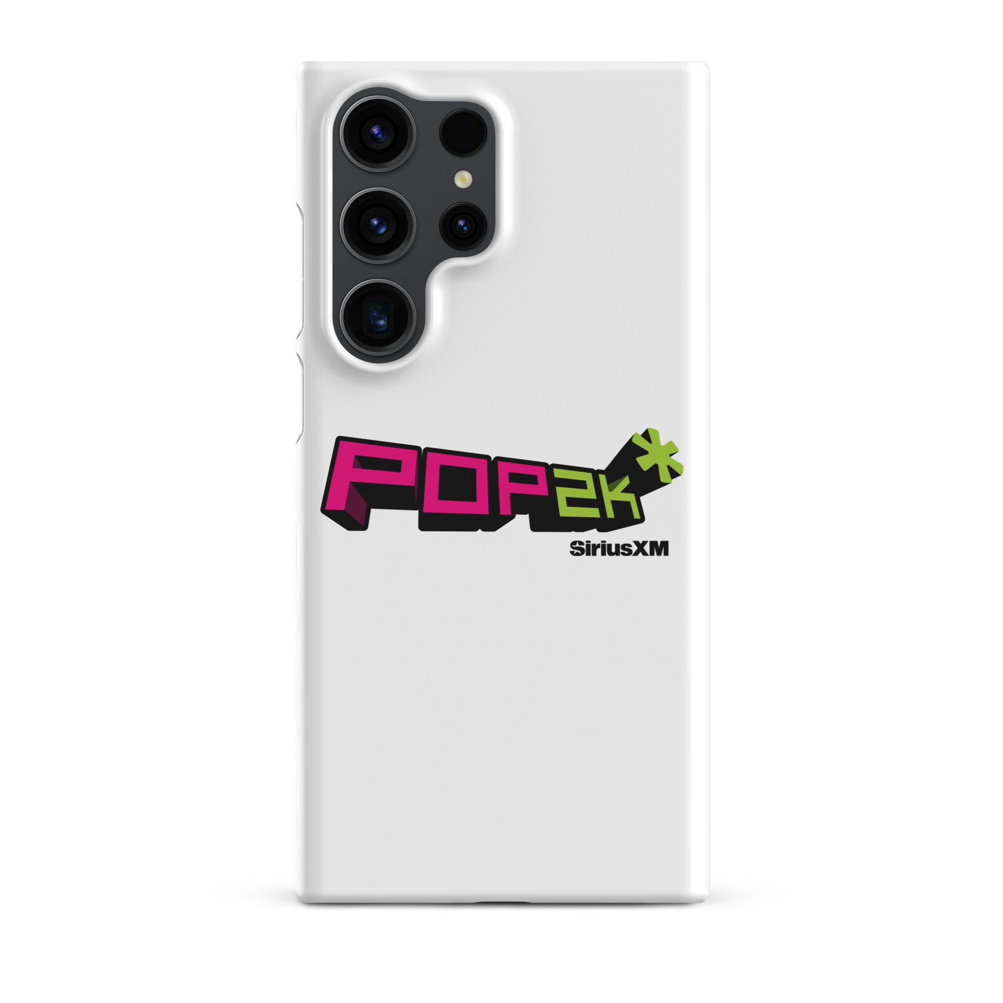 White phone case featuring the 'POP2K' logo with 'SiriusXM' branding in bold pink and green colors.