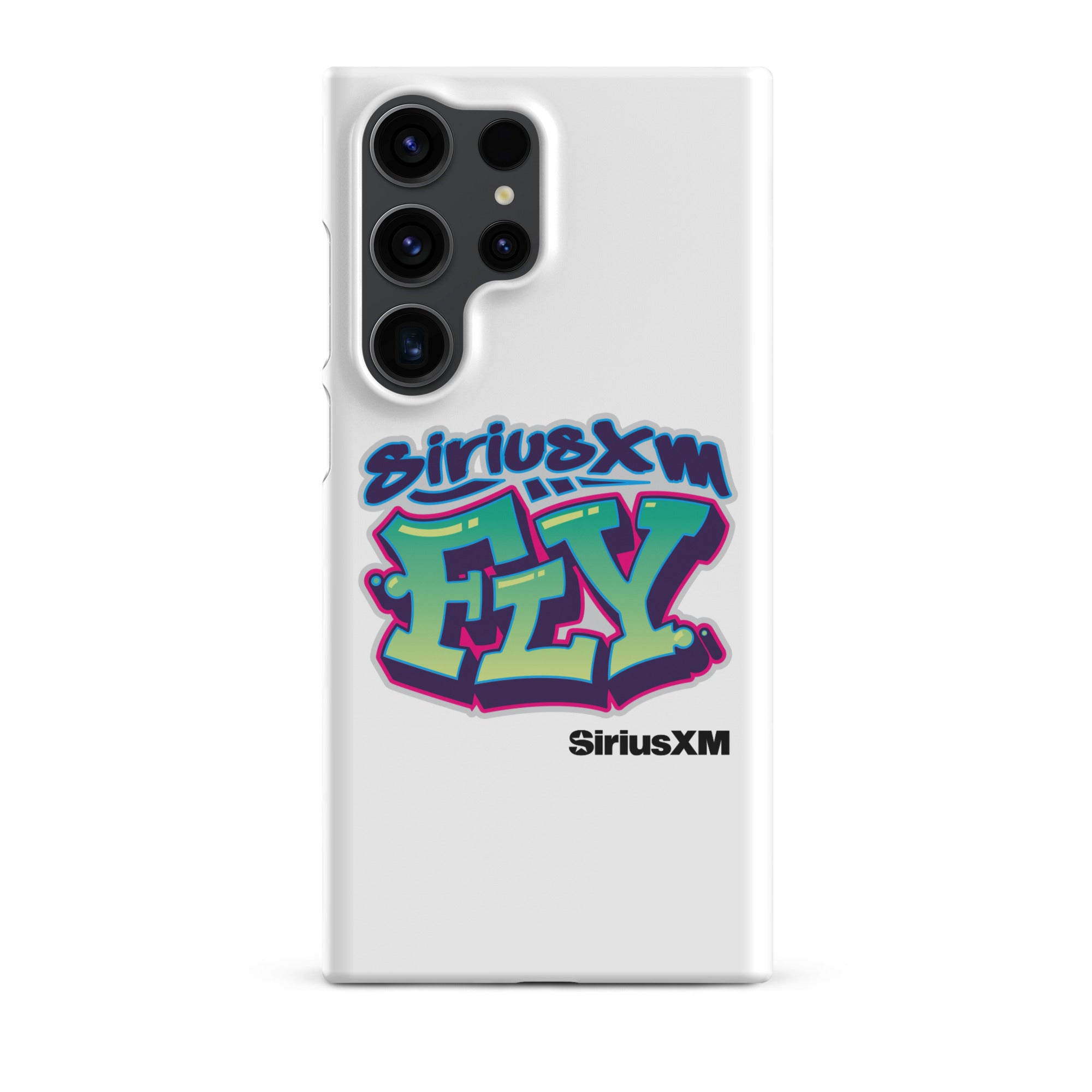 White phone case featuring colorful graffiti-style 'SiriusXM FLY' logo and 'SiriusXM' branding in black.