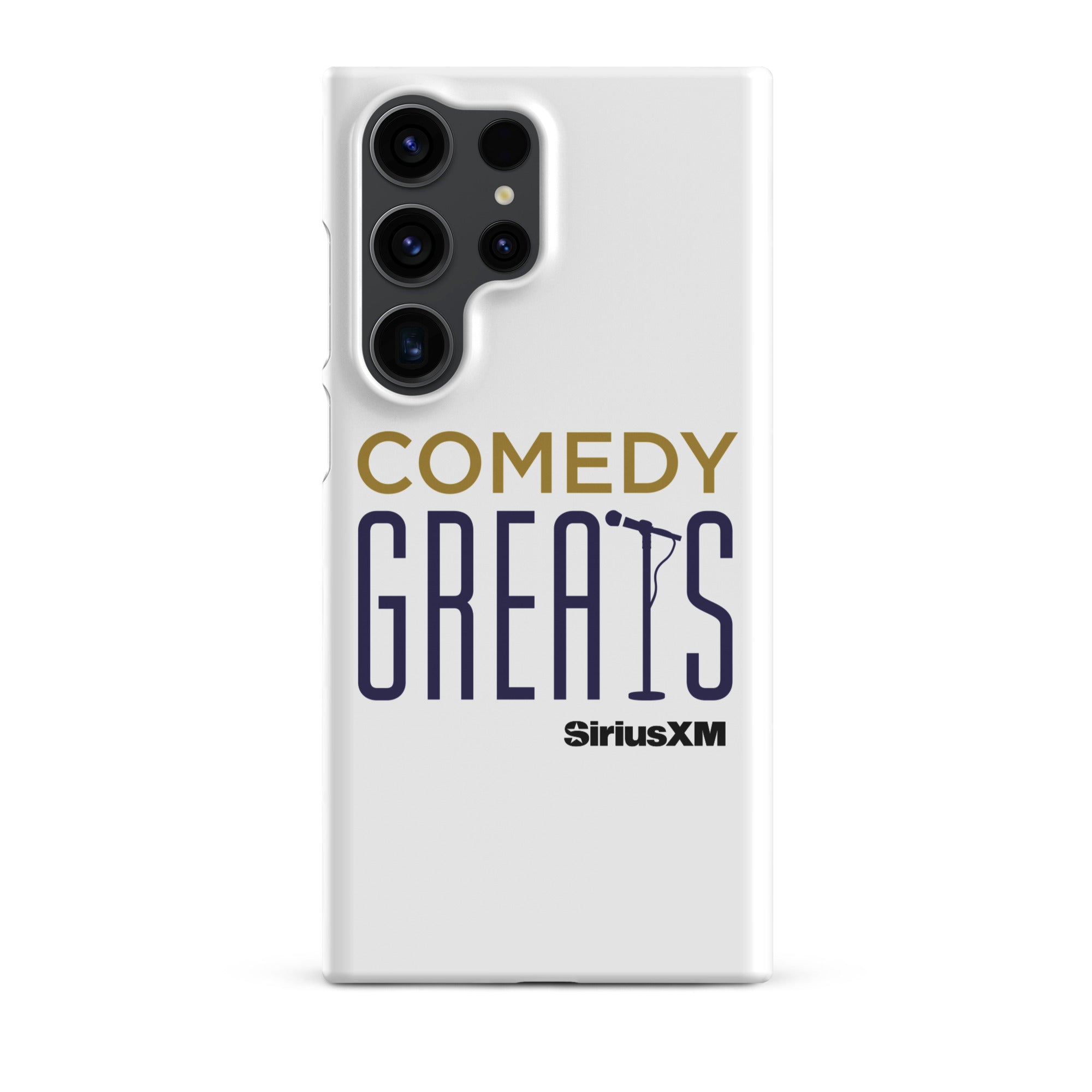 White phone case with 'COMEDY GREATS' logo and a microphone icon, featuring the 'SiriusXM' logo.