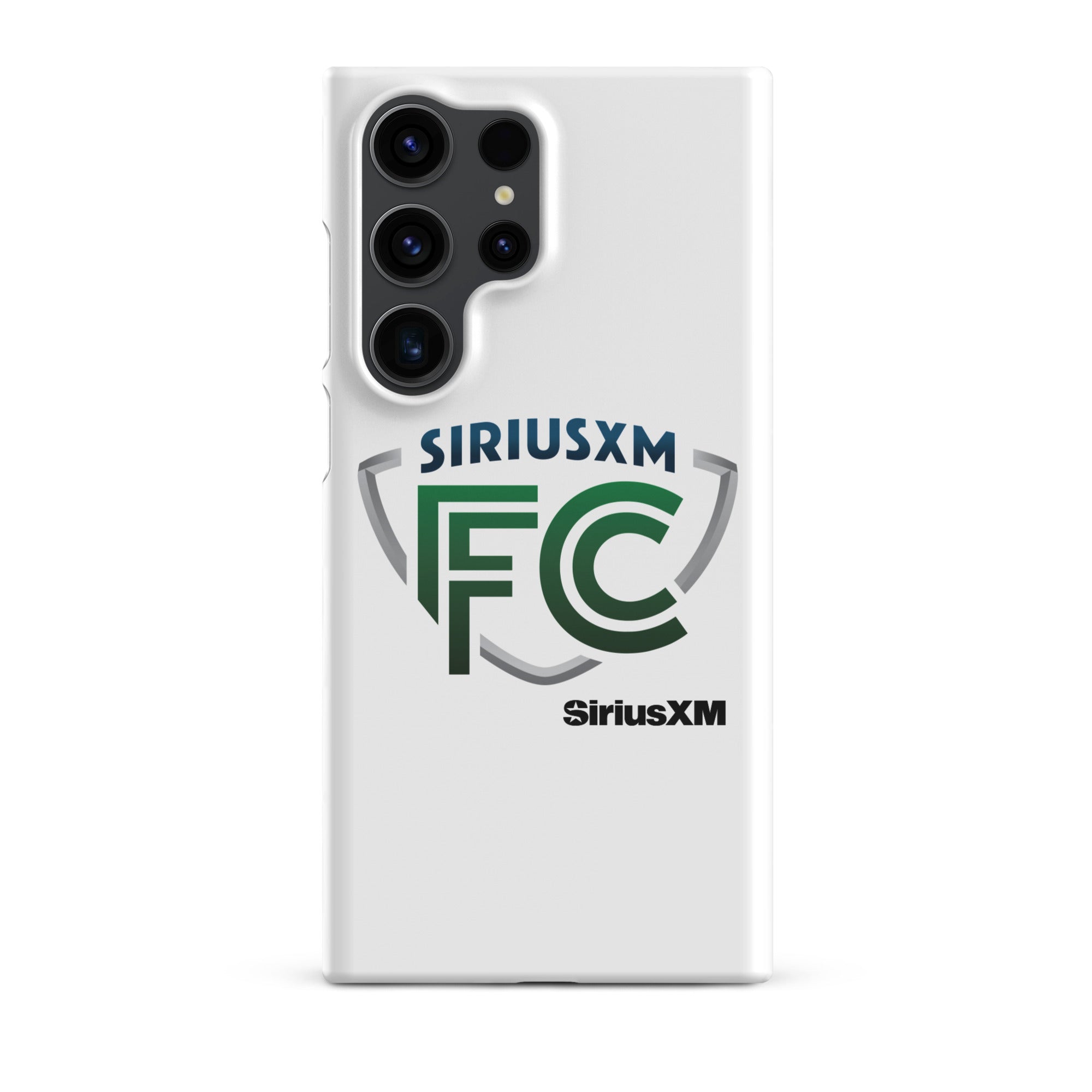 White phone case featuring 'SiriusXM FC' logo in green and blue.