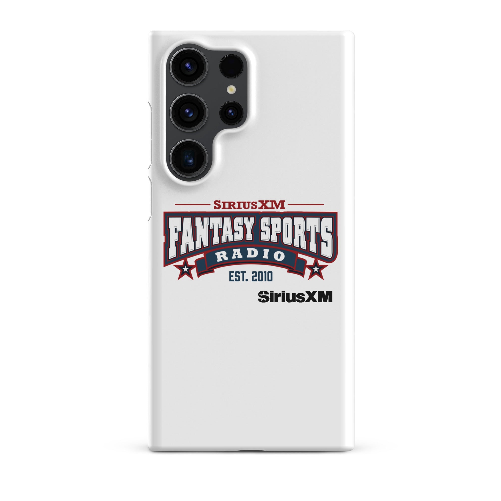 White phone case with 'SiriusXM Fantasy Sports Radio established 2010' logo, featuring red and blue design elements.