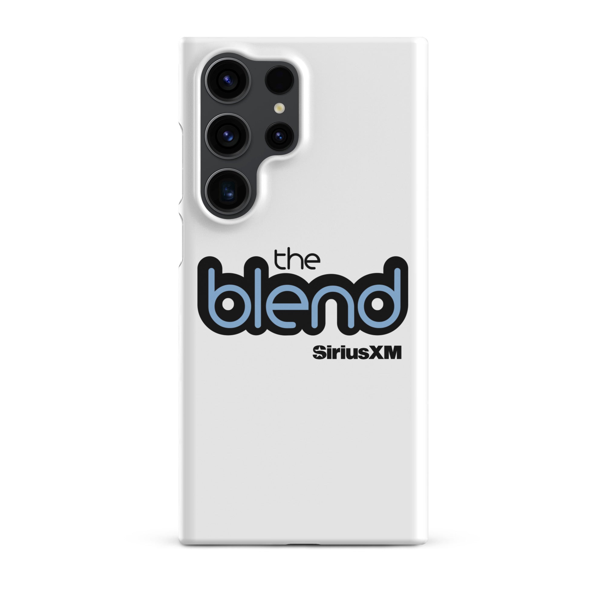 White phone case featuring the logo 'the blend' and 'SiriusXM' in blue and black text.