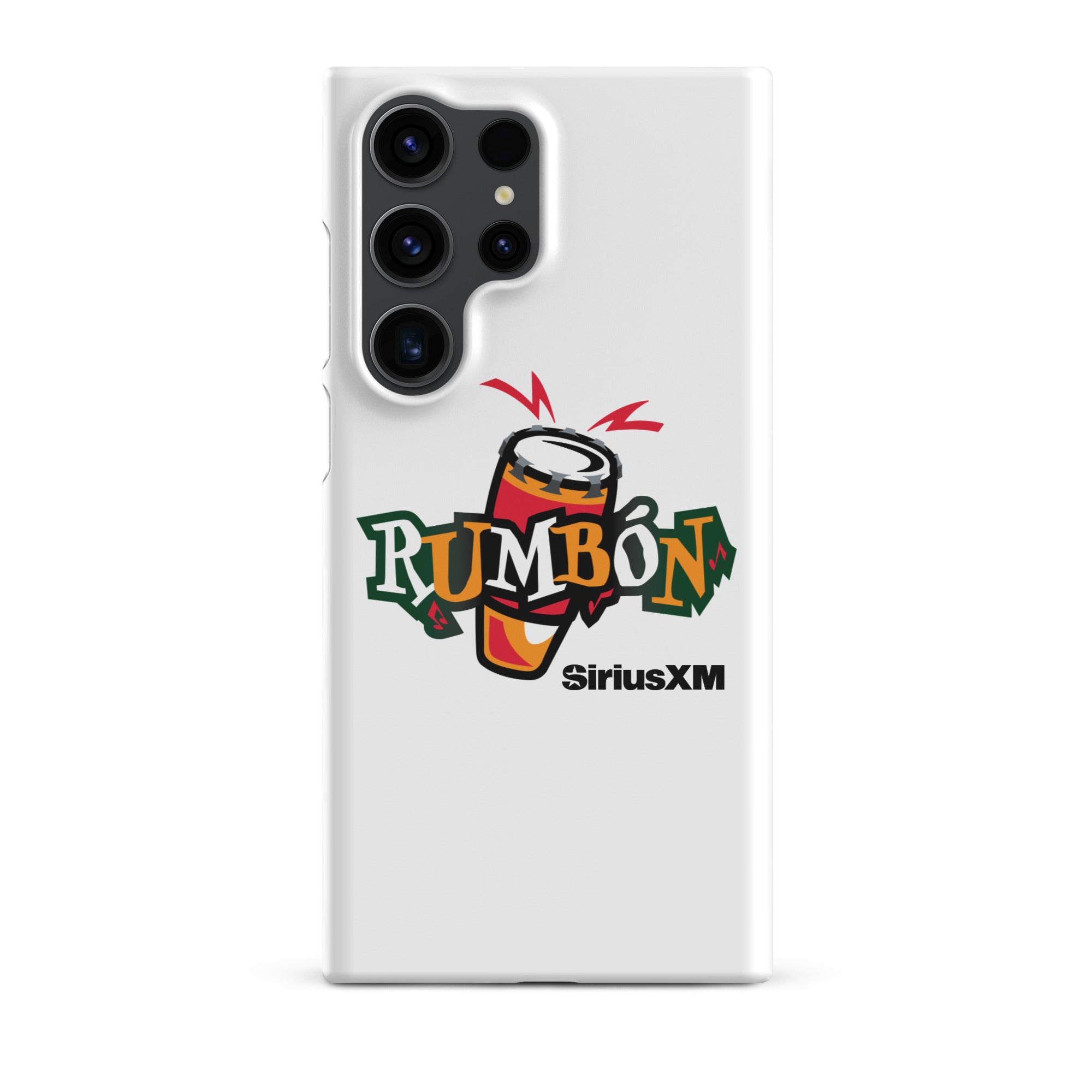 White phone case featuring a colorful 'Rumbón' logo with a conga drum and 'SiriusXM' branding.