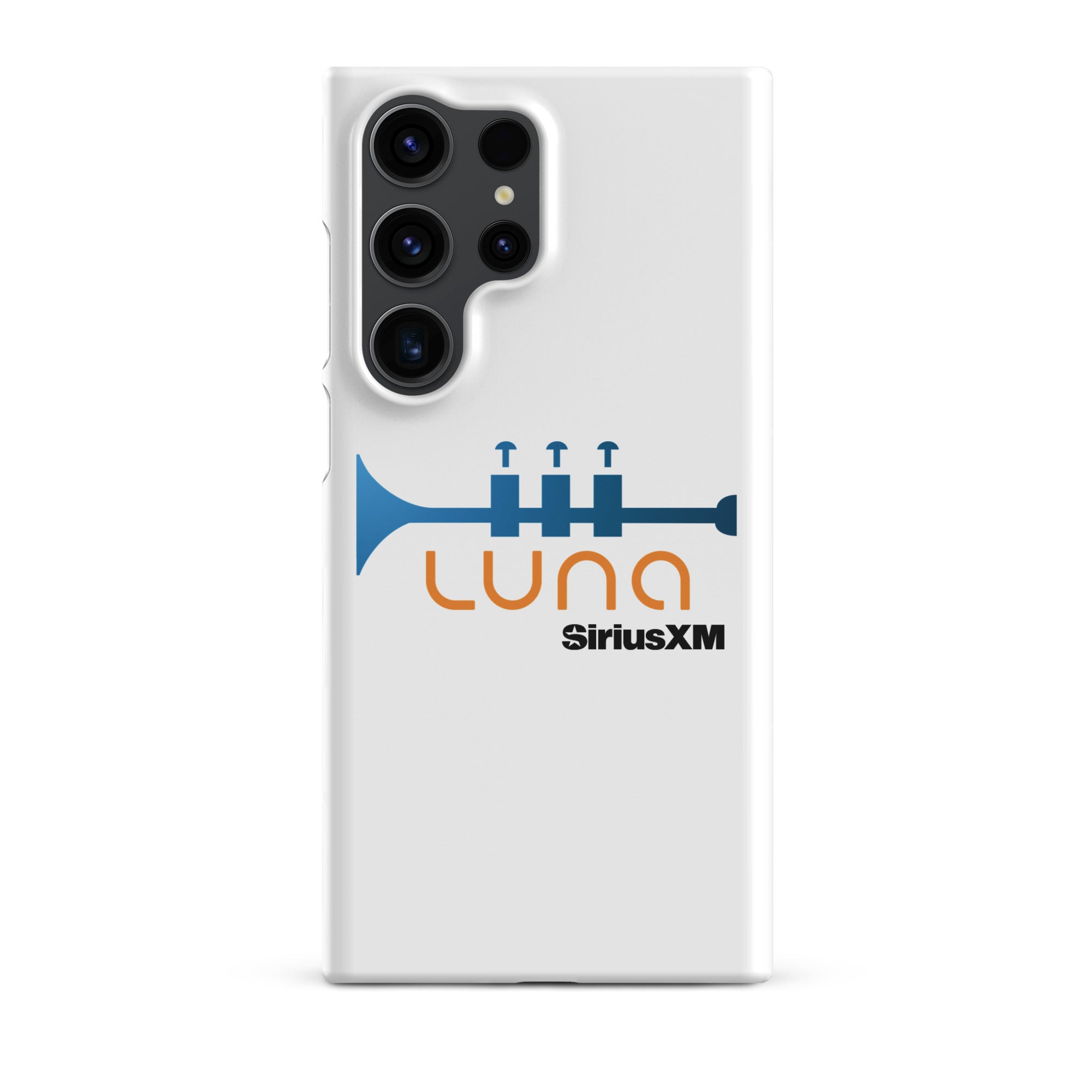 White phone case featuring a blue trumpet graphic and the logo 'LUNA SiriusXM' in orange and black.