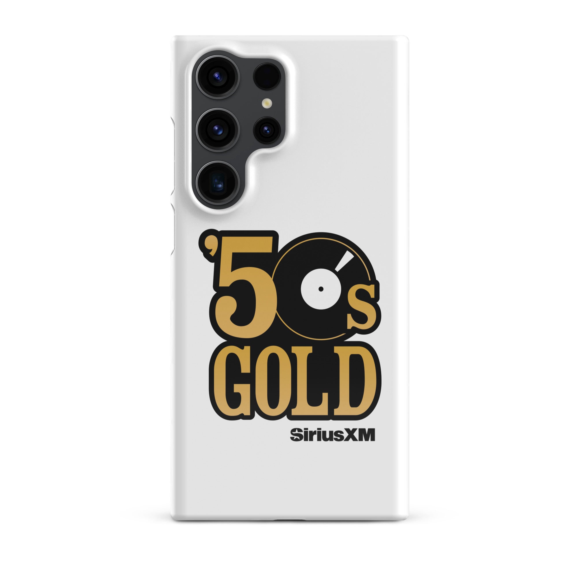 A white phone case featuring '50s GOLD' logo and 'SiriusXM' branding.