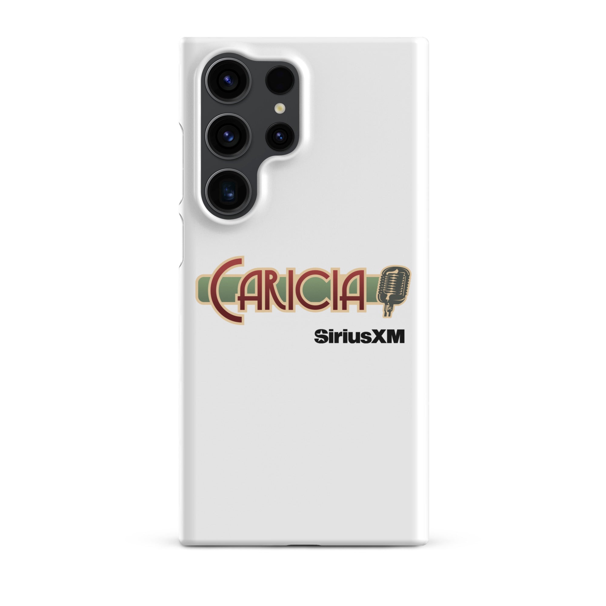 White phone case featuring the text 'CARICIA' and 'SiriusXM' with a microphone graphic.